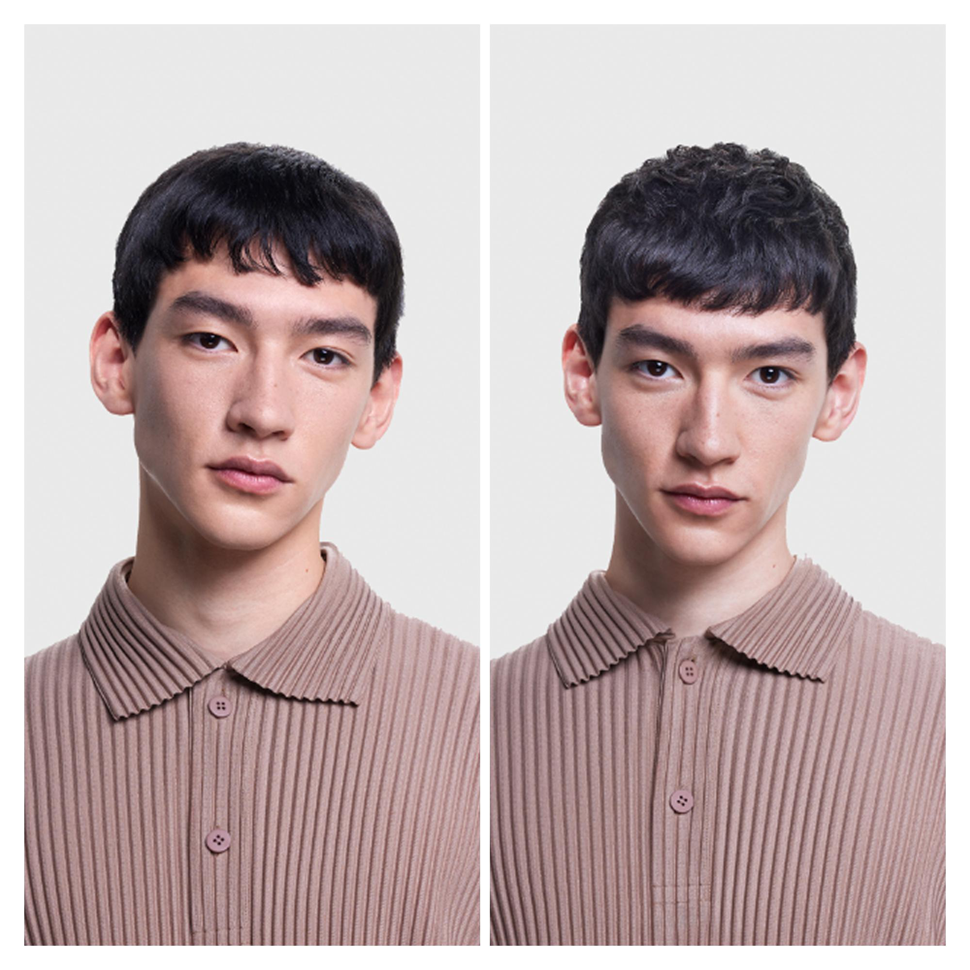 Zwei Porträts eines jungen Mannes mit dunklem Haar, der ein beige-farbenes Polohemd trägt.