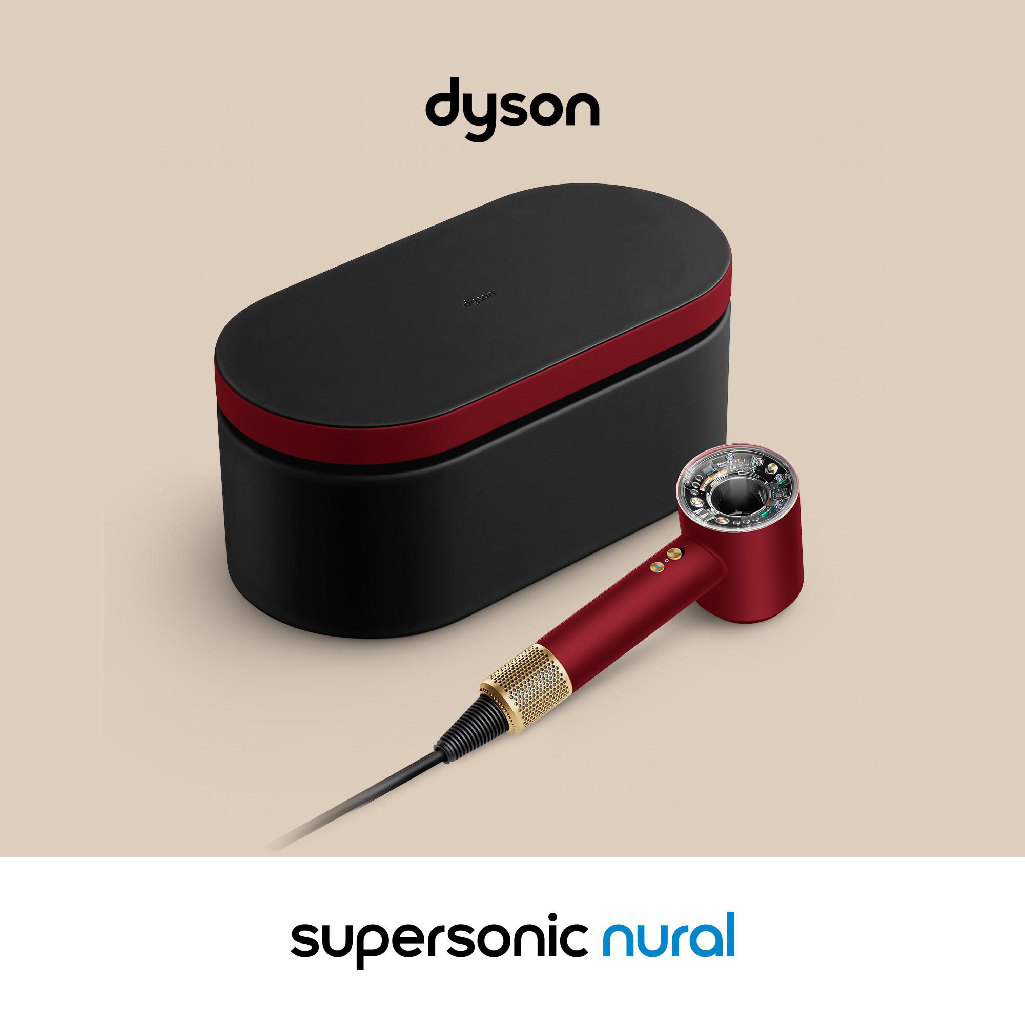 Roter Dyson Haartrockner mit schwarzem Koffer und rotem Rand. Dyson Logo oben.