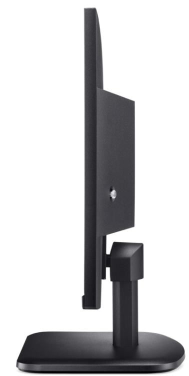 Ein schwarzer Computermonitor von der Seite auf weißem Hintergrund.