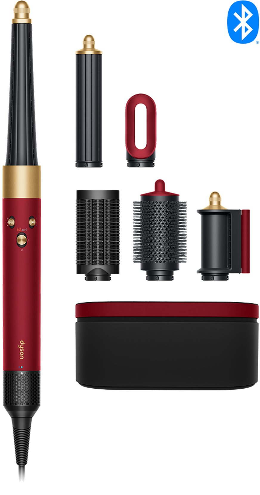 Roter und schwarzer Dyson Haarstyler mit Aufsätzen und Aufbewahrungskoffer.