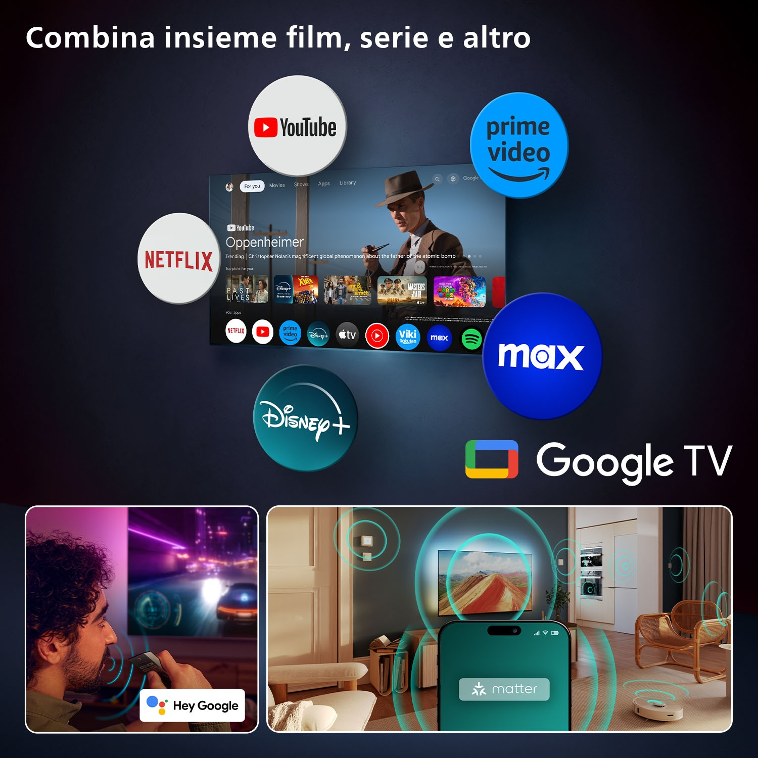 Loghi servizi streaming, interfaccia Google TV e scene smart home.