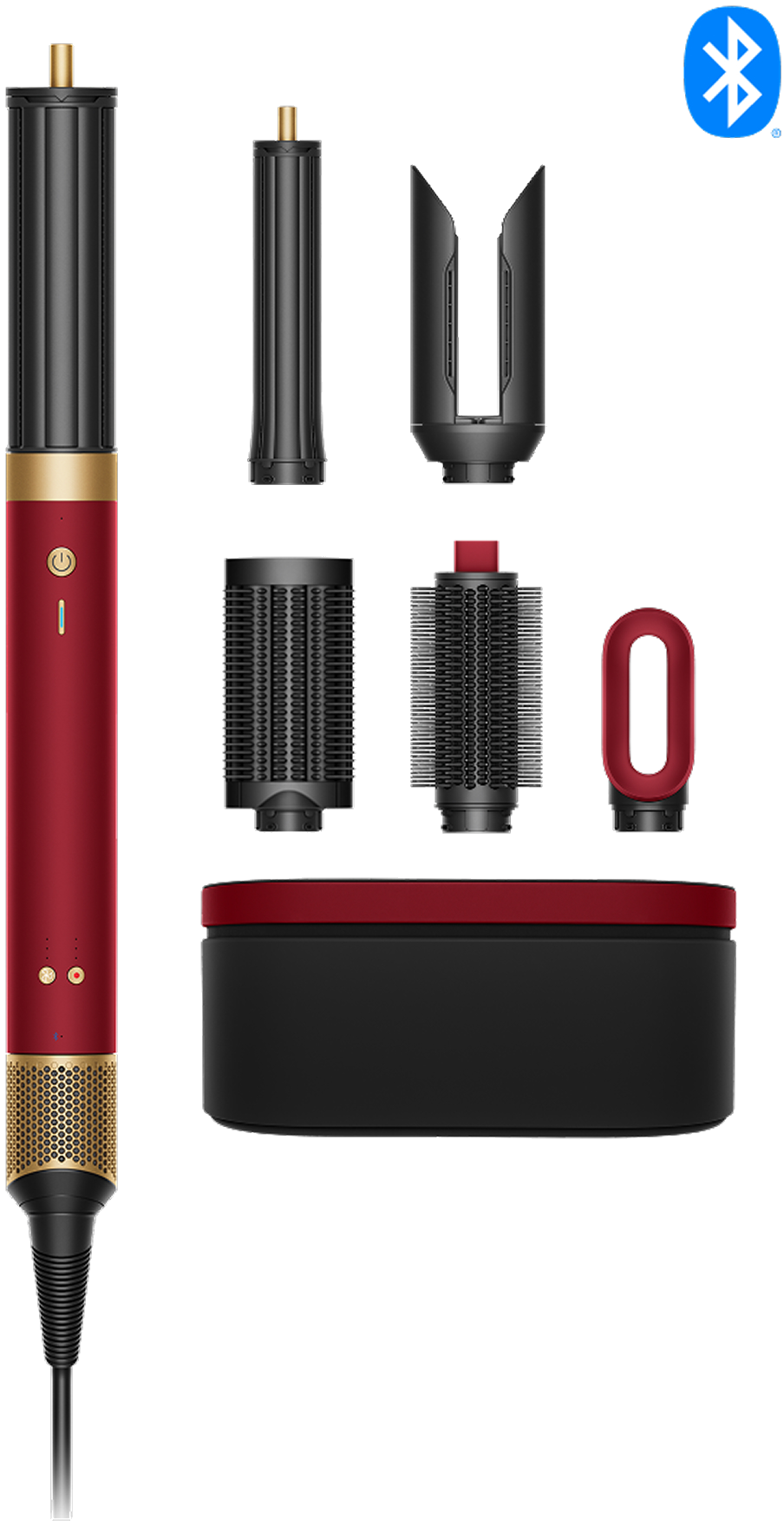 Rotes Haarpflegeset mit Aufsätzen und Ladebox. Bluetooth-Symbol oben rechts.