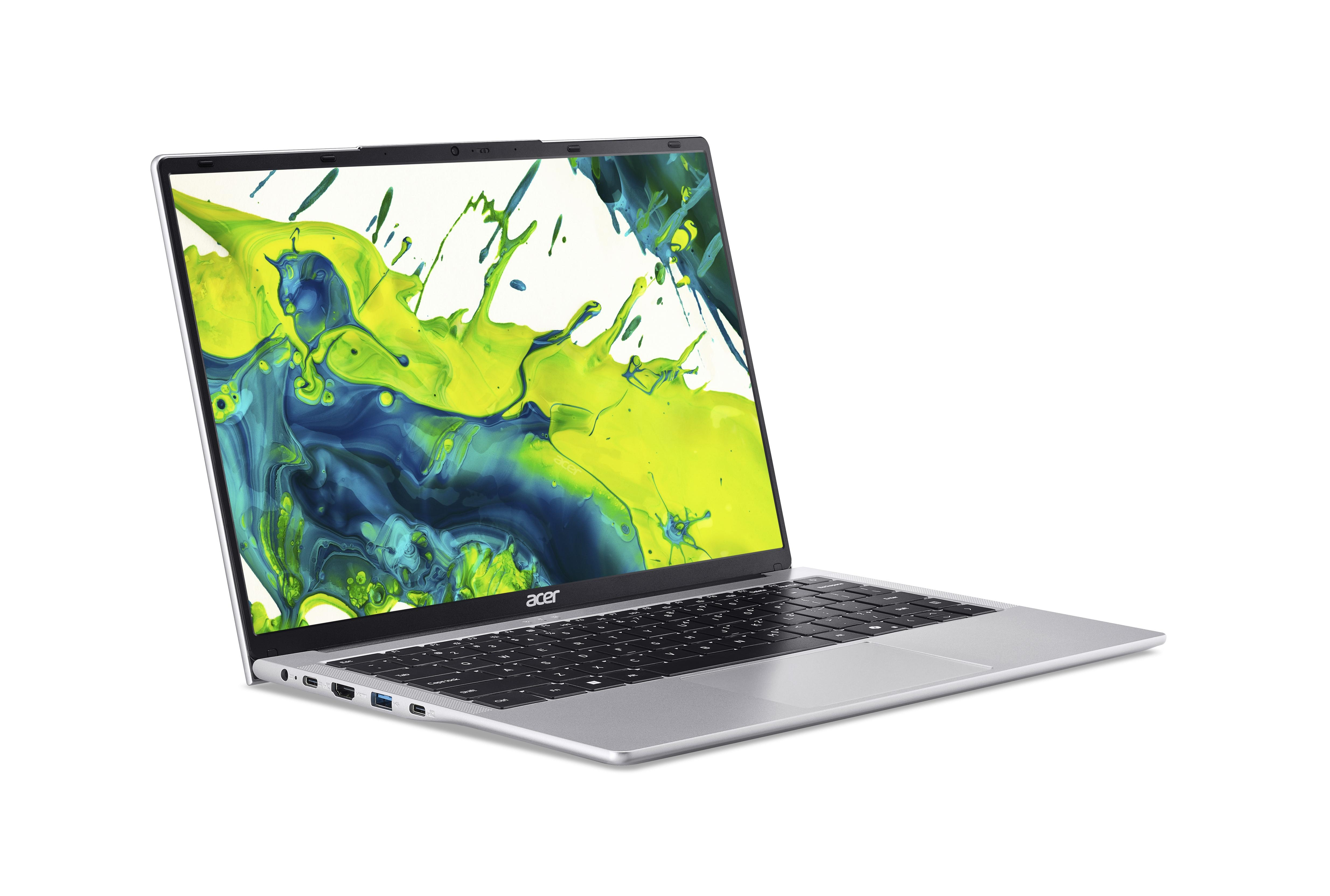 Ein silberner Acer Laptop mit einem bunten Hintergrund auf dem Bildschirm.