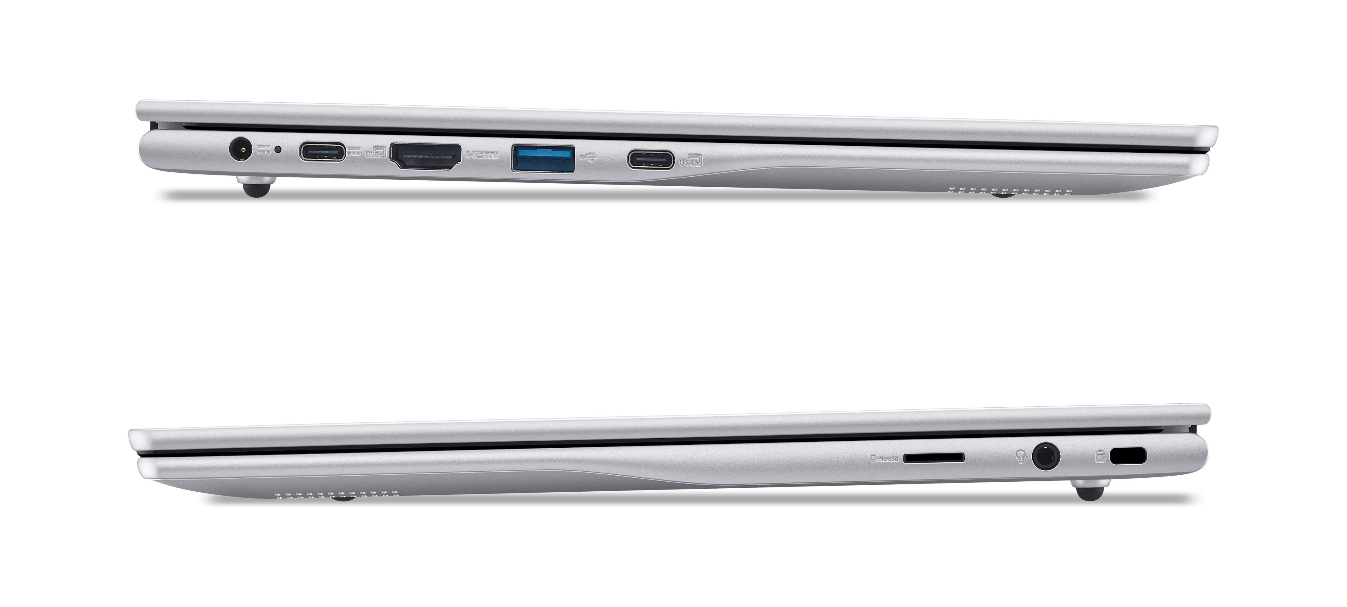 Silberner Laptop mit Anschlüssen: Strom, HDMI, USB-A, USB-C, Kopfhörer, MicroSD.