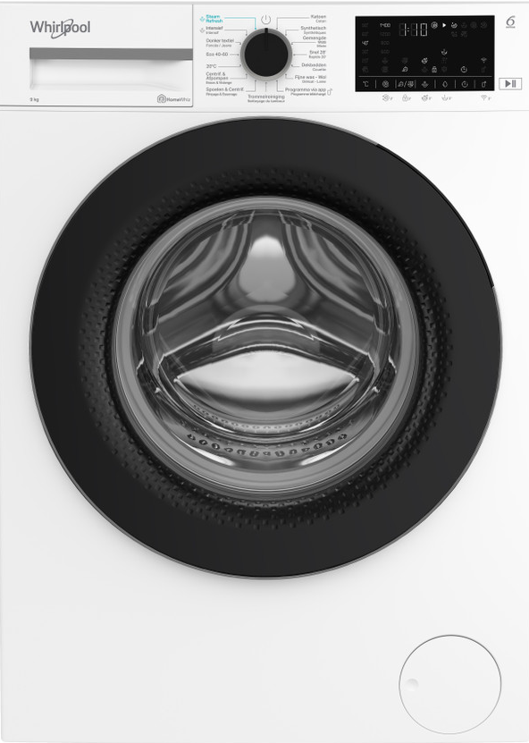 Lave-linge blanc Whirlpool avec hublot noir et panneau de commande.