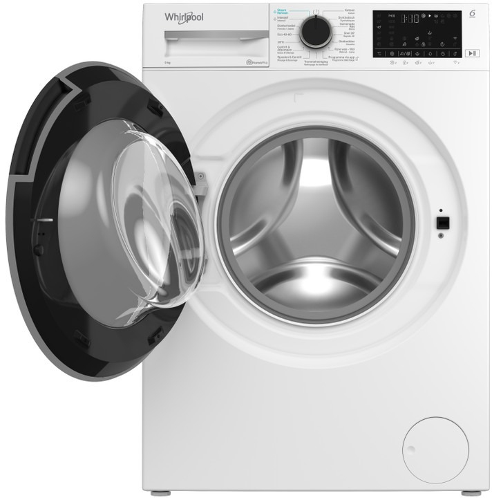 Une machine à laver Whirlpool blanche, porte ouverte, révélant le tambour.