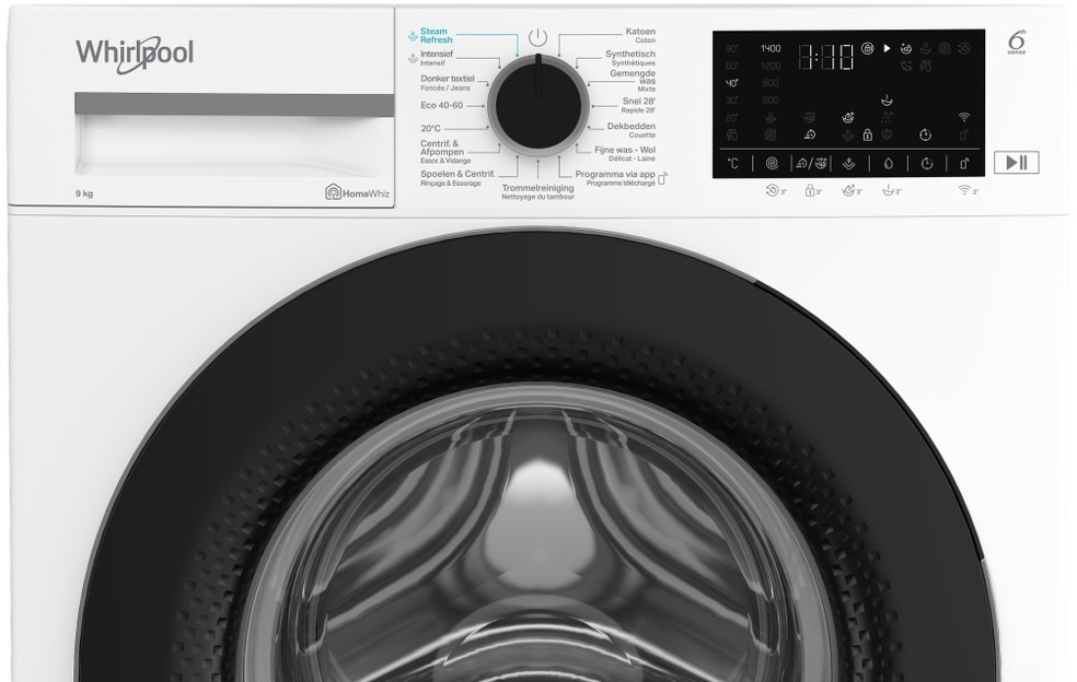 Une machine à laver blanche Whirlpool avec porte et panneau de commande noirs. 9kg.