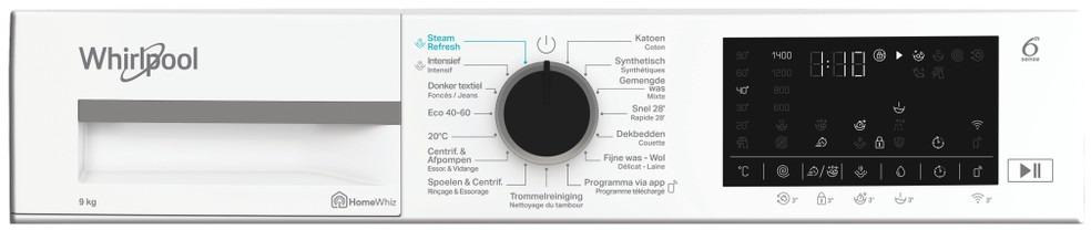 Panneau de commande d'une machine à laver blanche Whirlpool avec cadran rotatif et écran numérique.