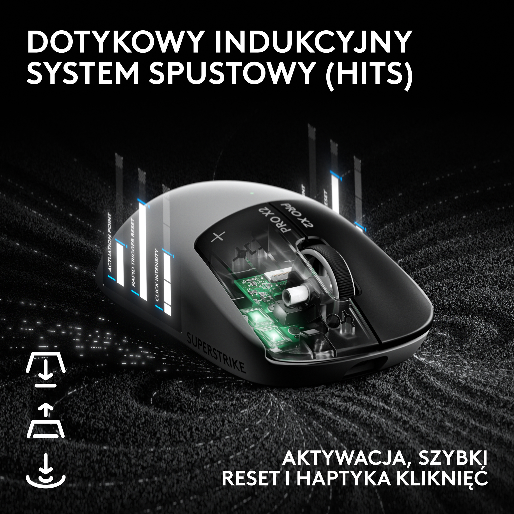 Przezroczyste wnętrze myszy gamingowej z zieloną płytką drukowaną i etykietami.