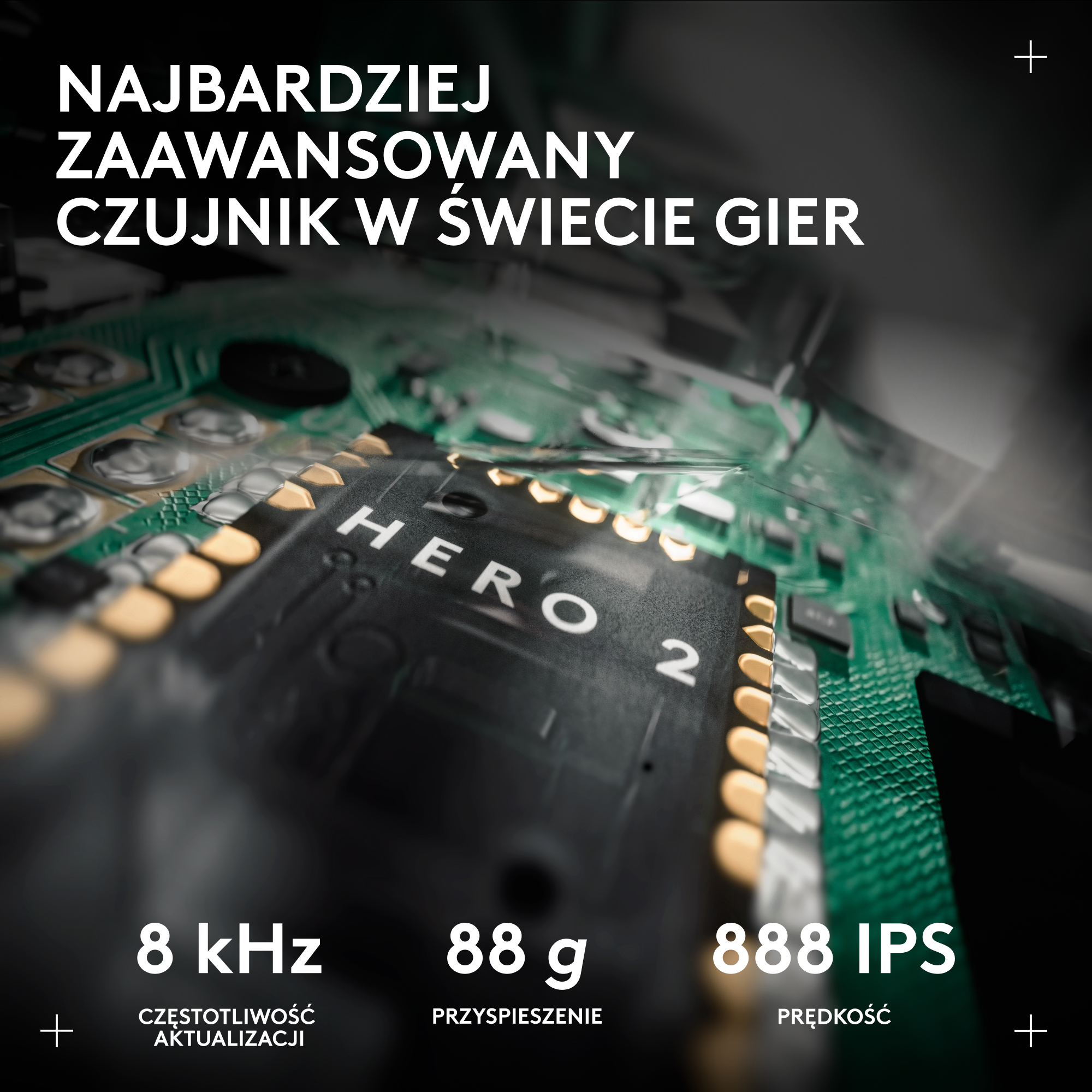 Zbliżenie na płytkę drukowaną z napisem "HERO 2". Specyfikacje: 8 kHz, 88 g, 888 IPS.