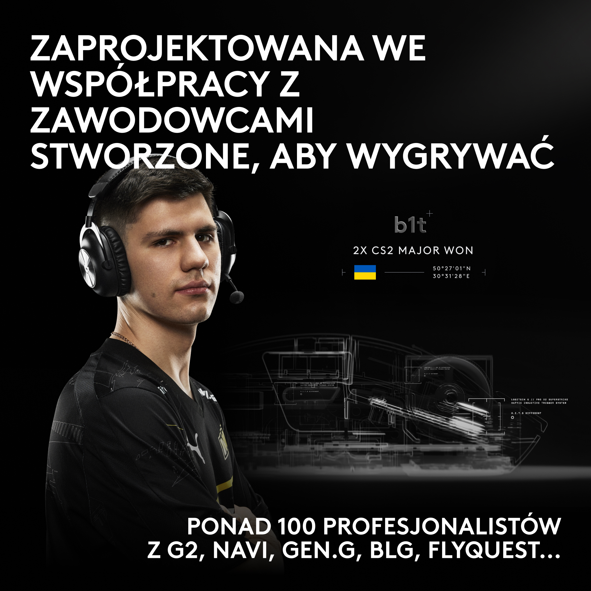 Mężczyzna w słuchawkach patrzy do przodu. Tekst o produkcie.