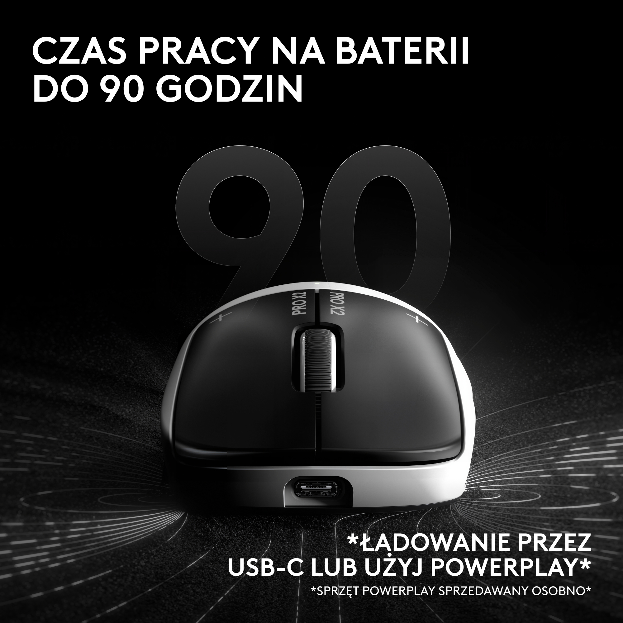 Czarna mysz z "90" w tle. Ładowanie przez USB-C lub Powerplay.