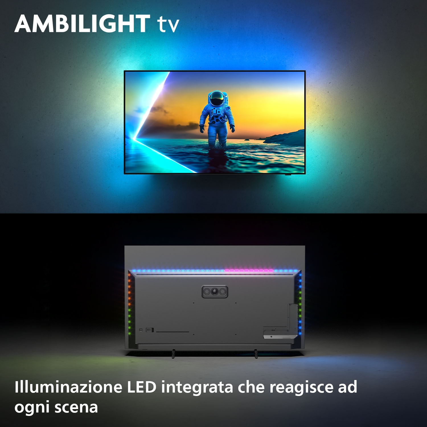 Un astronauta nell'acqua davanti a uno schermo luminoso con Ambilight.