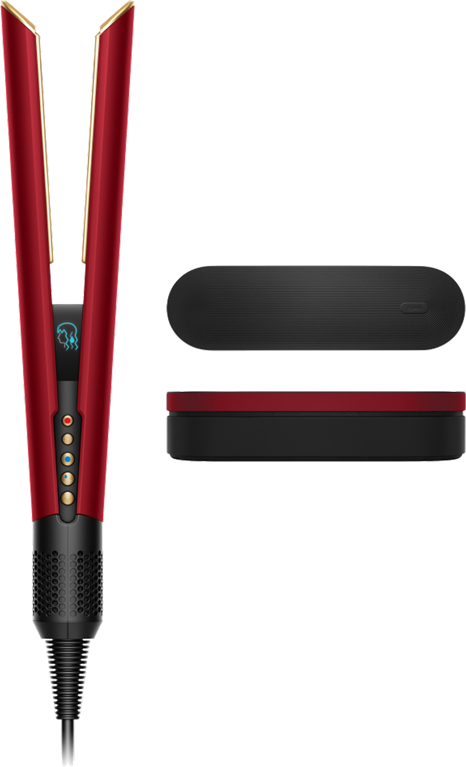 Roter Haarglätter mit goldenen Akzenten und Ladebasis.
