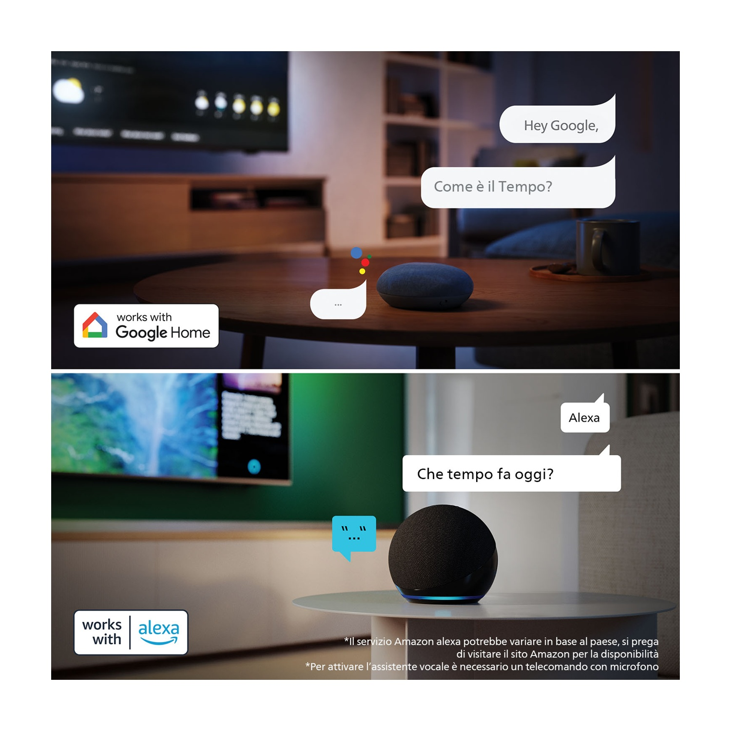 Dispositivi Google Home e Alexa su un tavolo con comandi vocali.