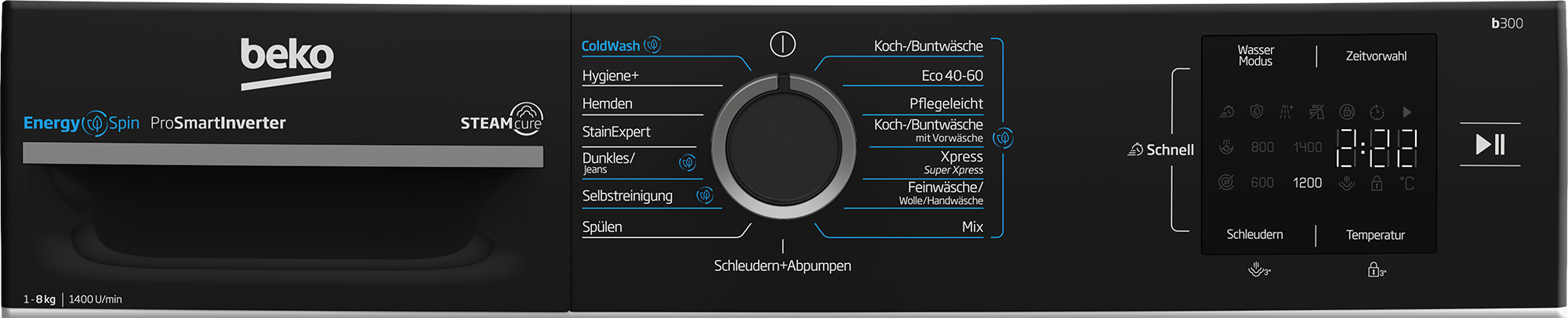 Beko Waschmaschine mit digitalem Bedienfeld, Programmauswahl und Display.