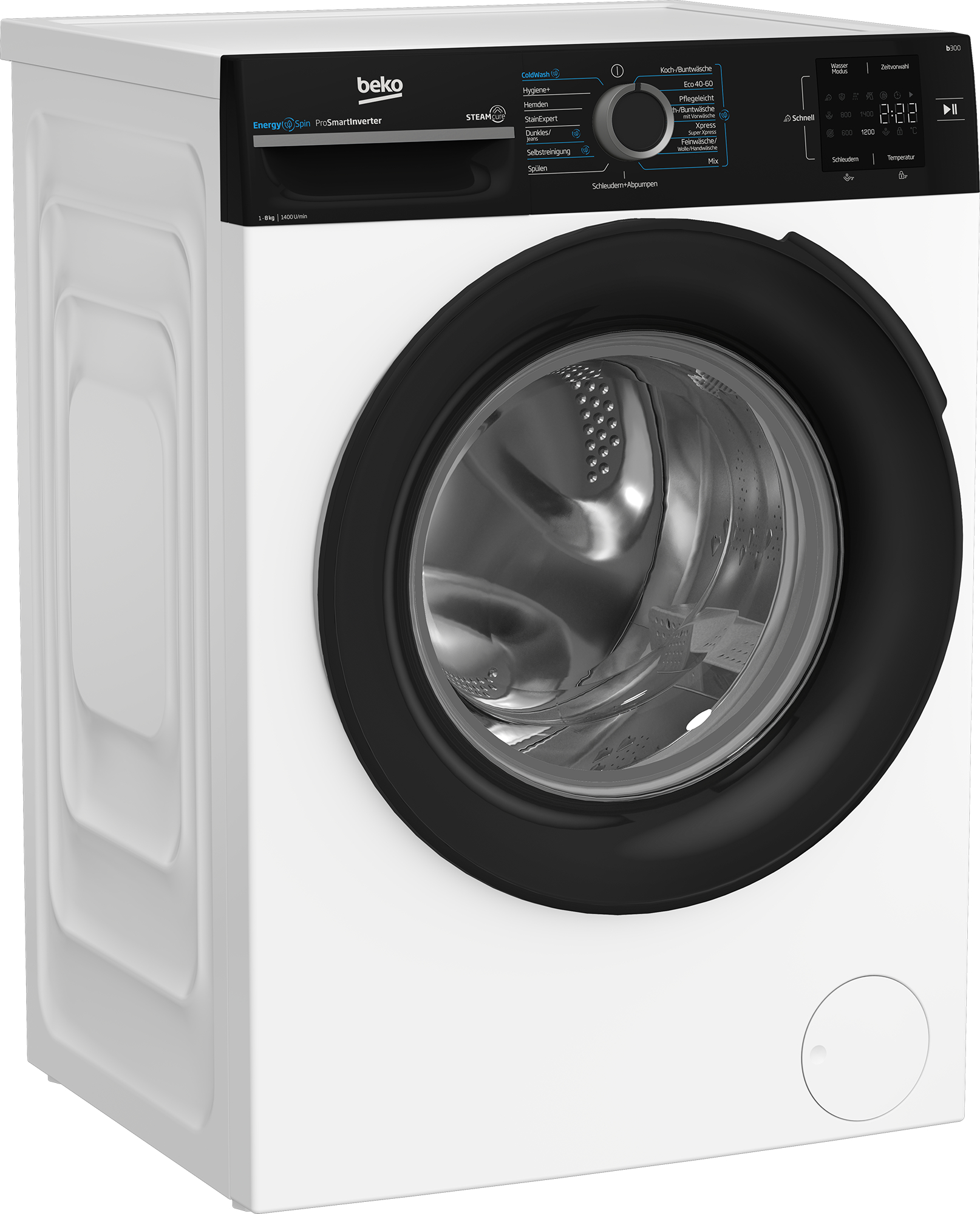 Eine weiße Beko Waschmaschine mit schwarzer Tür und Bedienfeld.