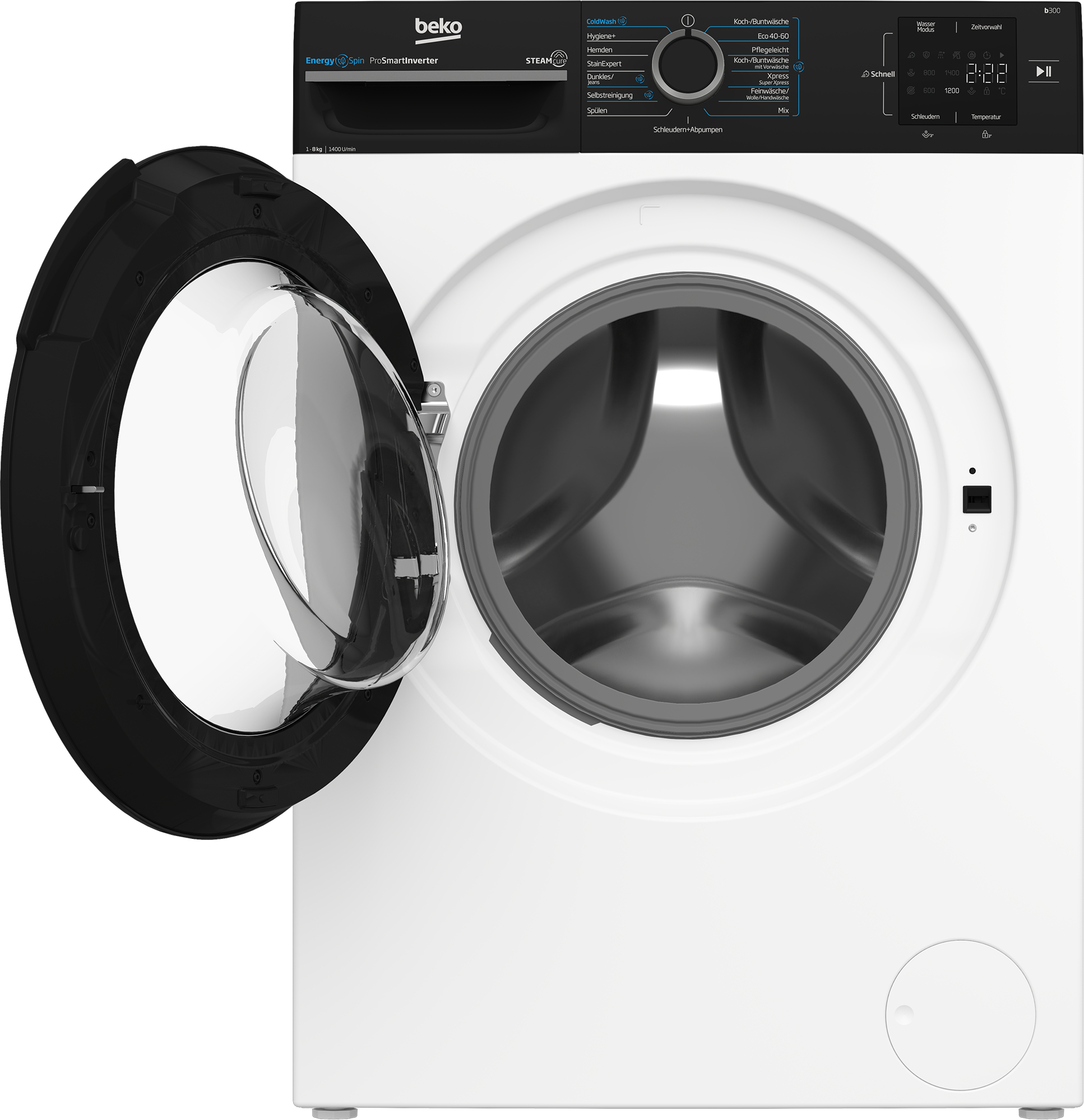 Eine weiße Beko Waschmaschine mit geöffneter schwarzer Tür und silberner Trommel.