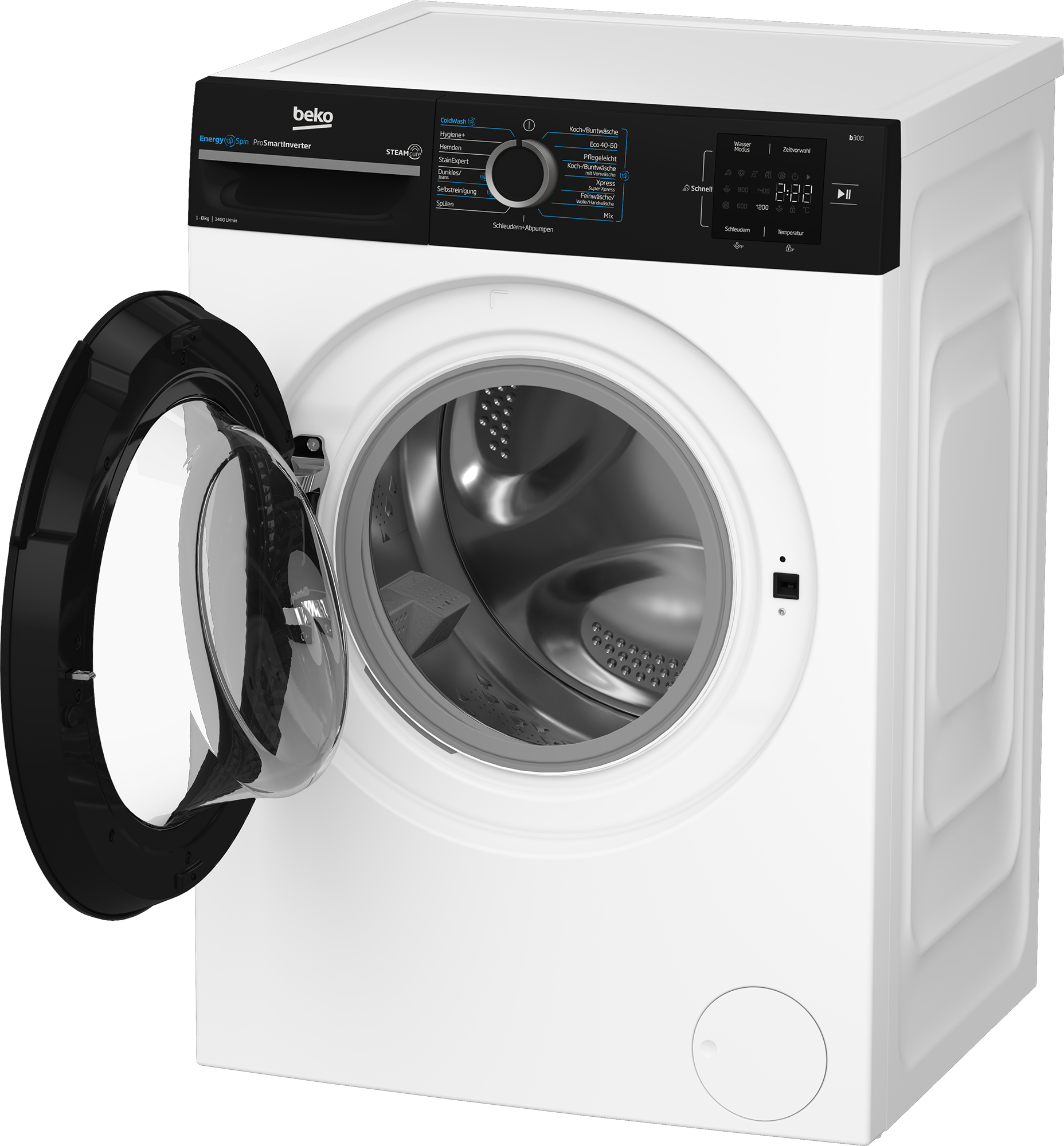 Weiße Beko Waschmaschine mit geöffneter Tür und Bedienfeld.
