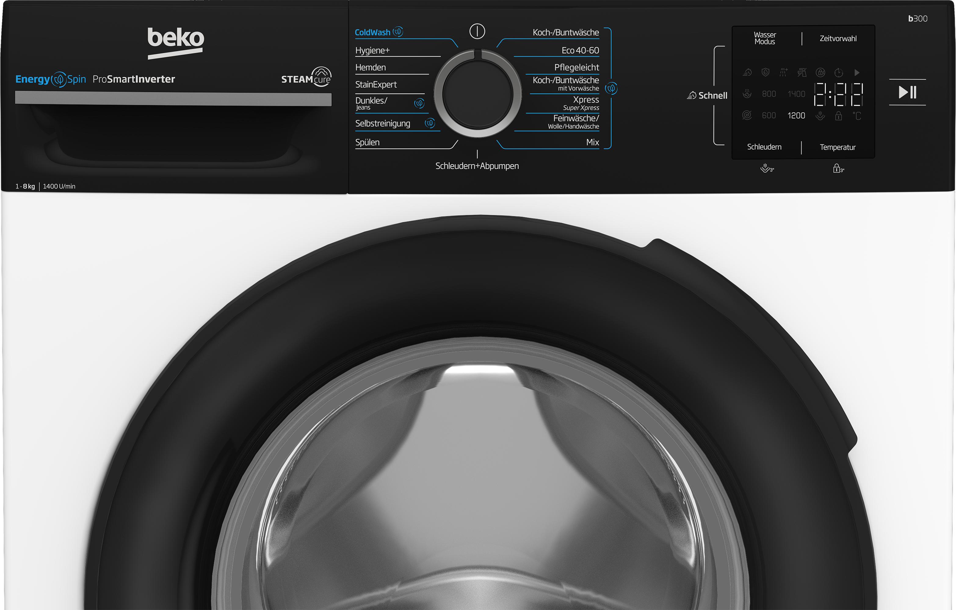 Beko Waschmaschine mit Display, Programmauswahl und Tür.