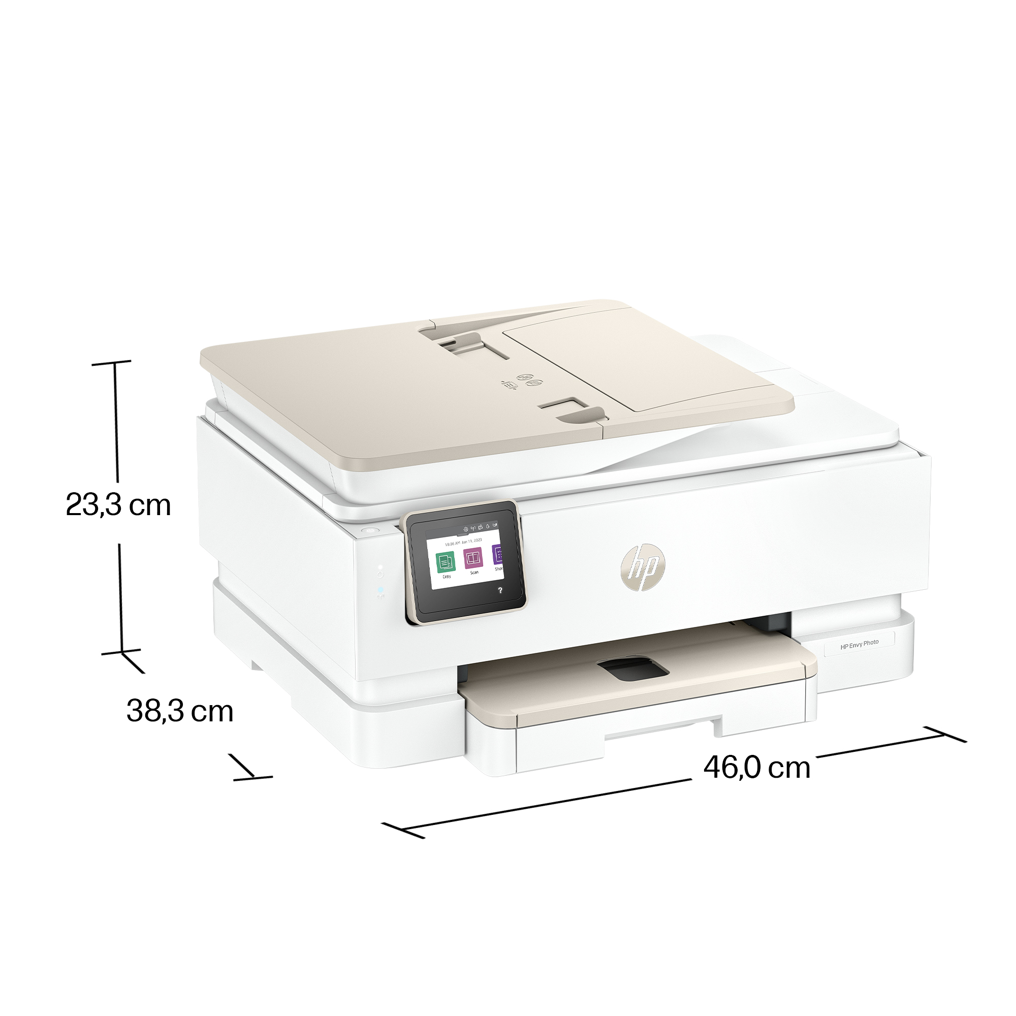 Una stampante HP Envy Photo bianca con accenti beige e touchscreen.