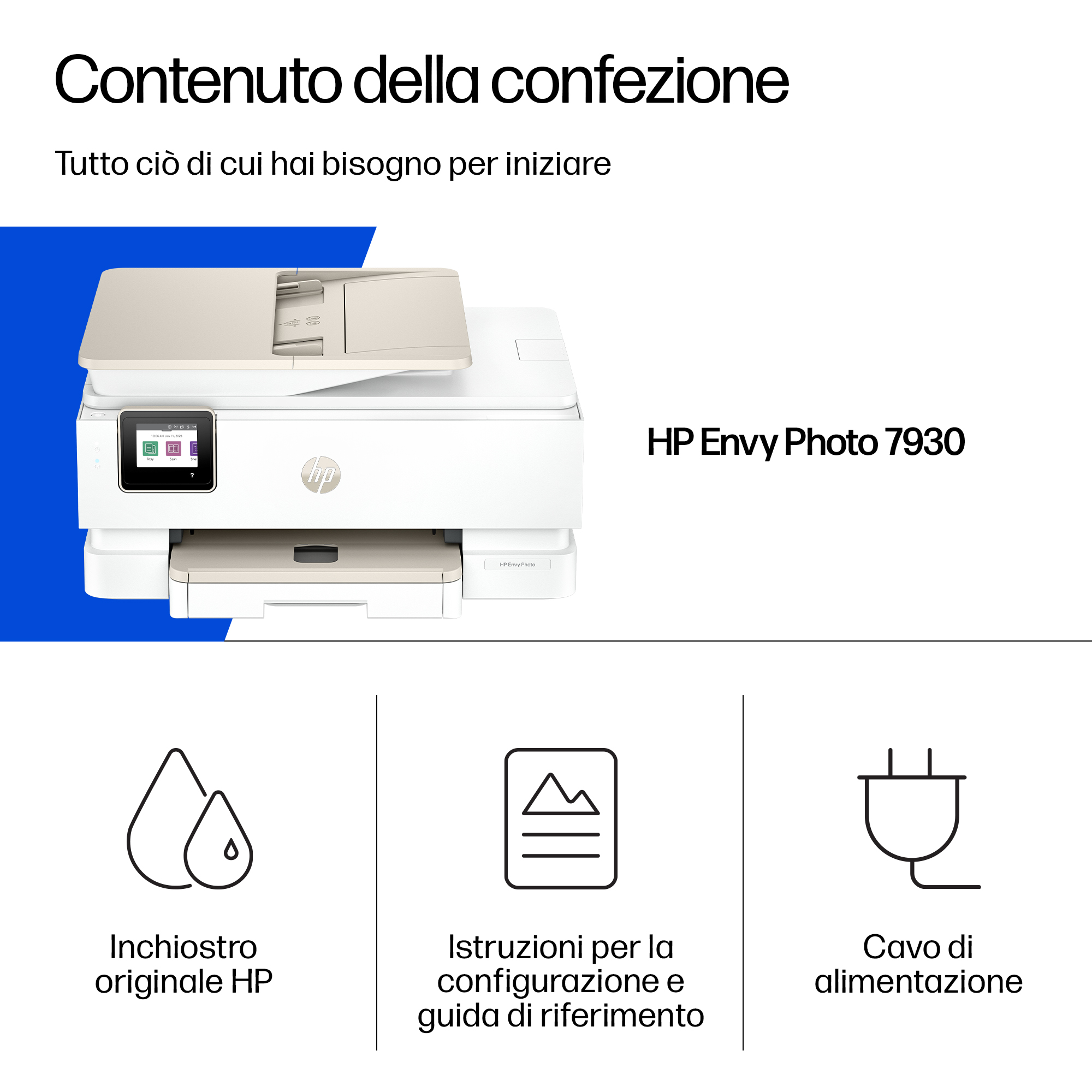 Stampante HP Envy Photo 7930 con inchiostro, istruzioni e cavo.