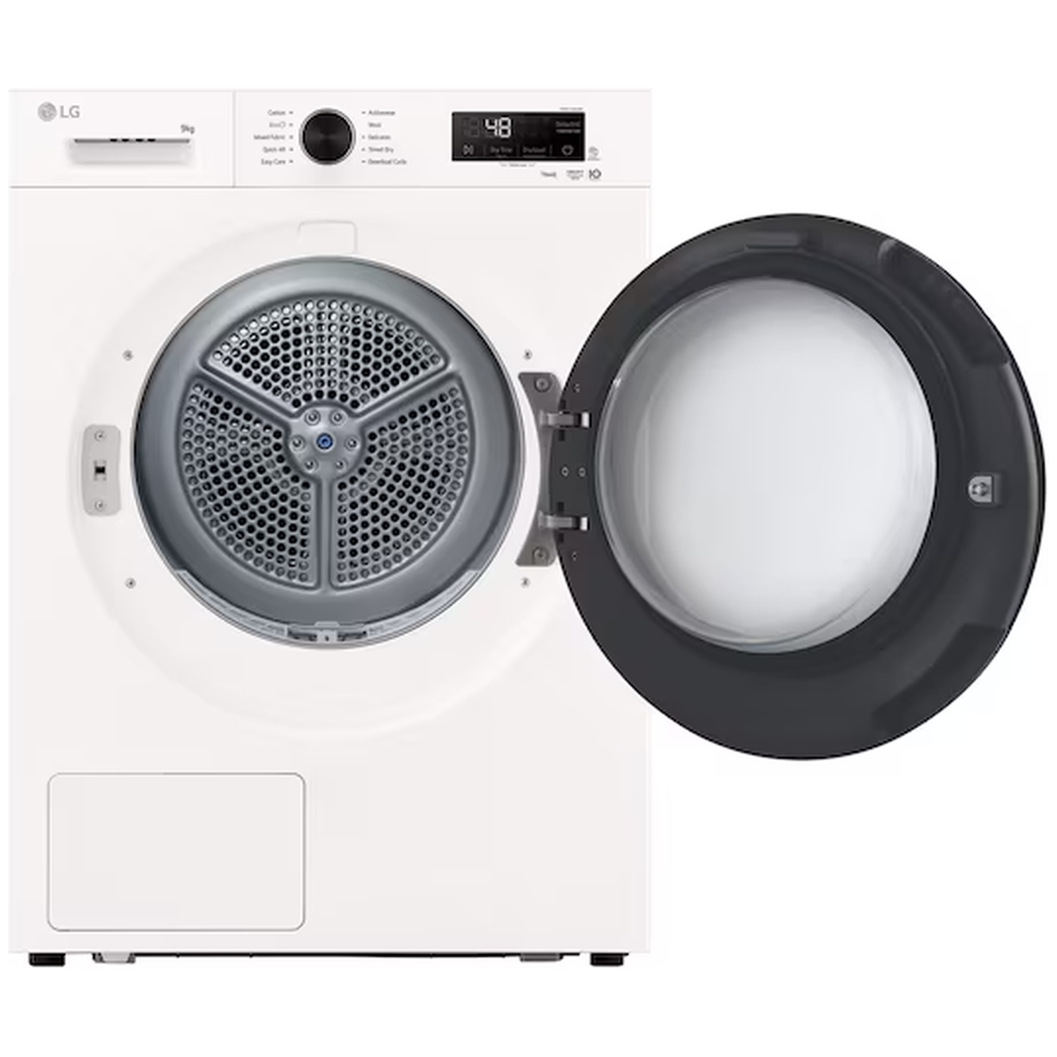 A white LG washing machine with its dark door open, showing the drum.