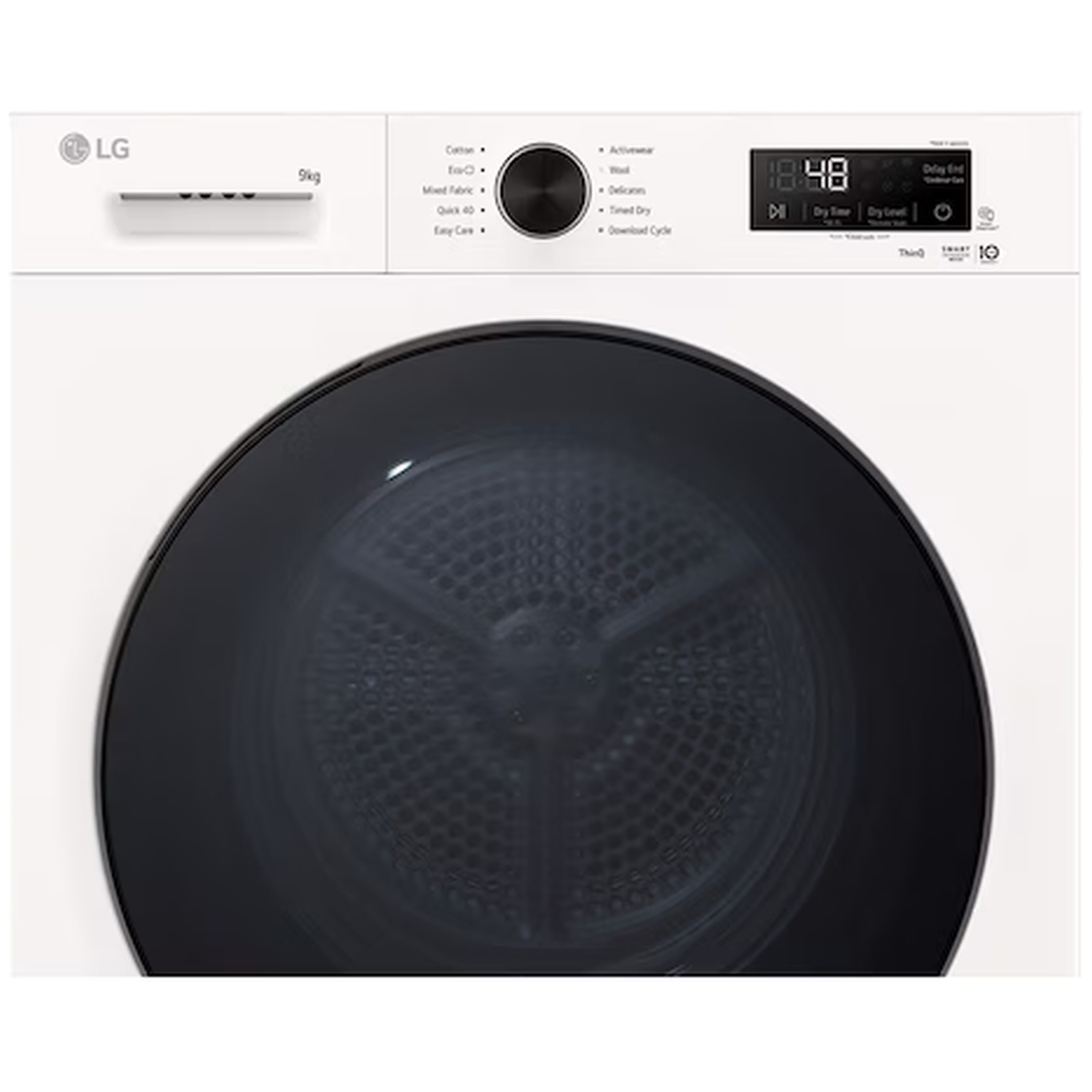 White LG dryer with black door. Control panel shows '48' and various cycle options.