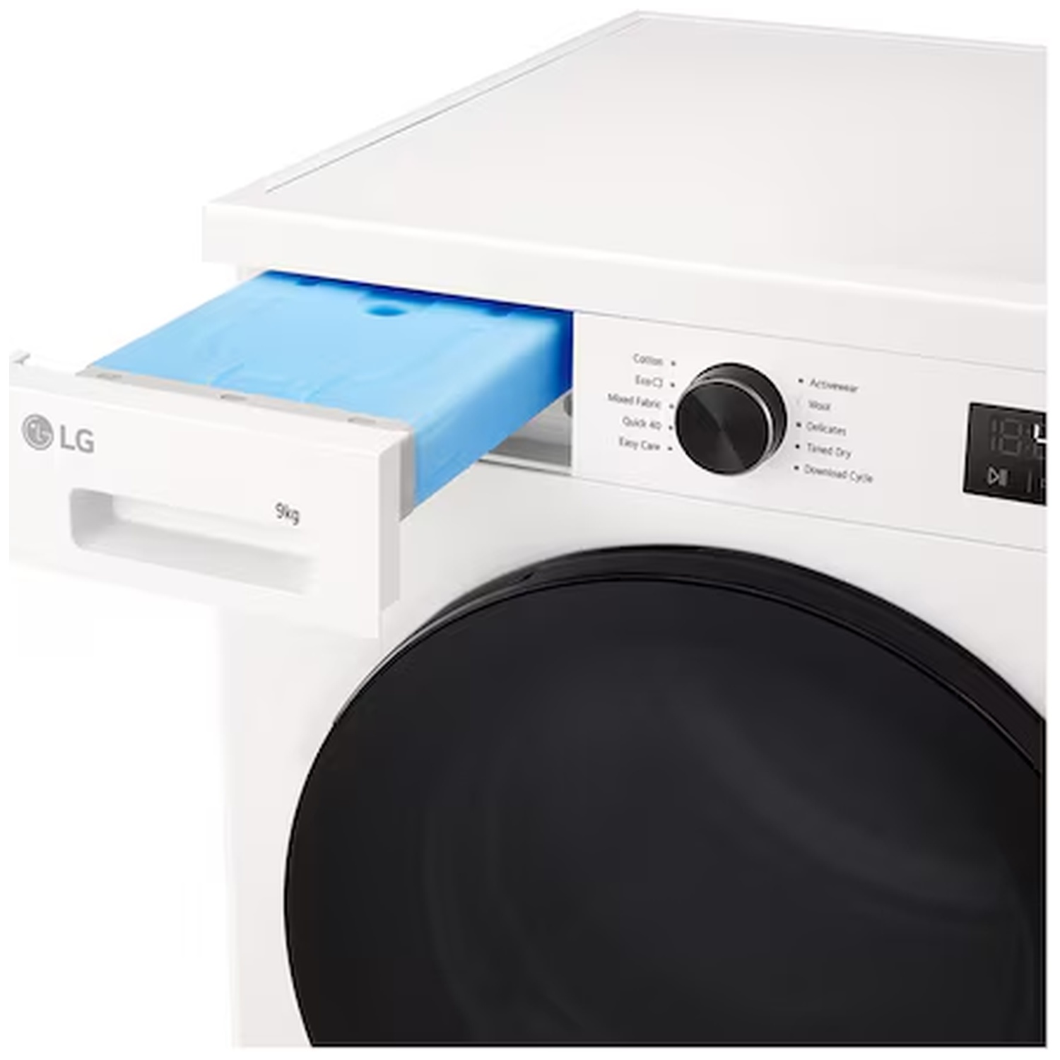A white LG washing machine with its detergent drawer pulled out.