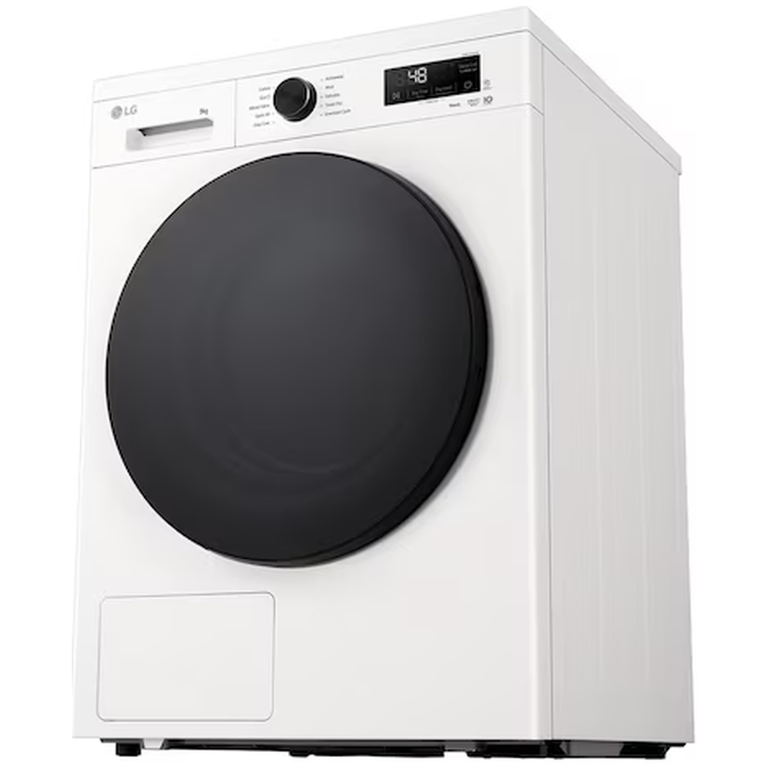 A white LG washing machine with a black door and digital display.
