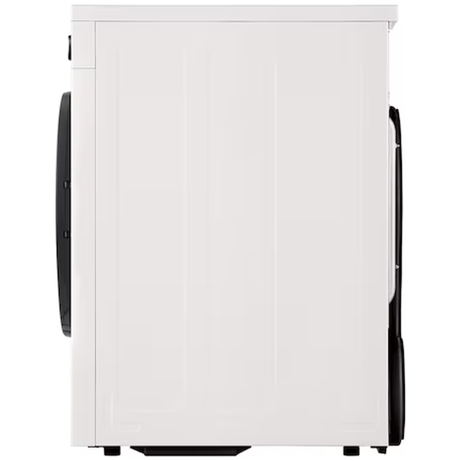 White washing machine shown from the side with black door details.
