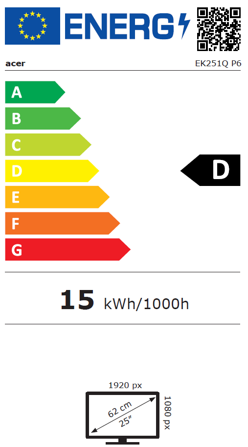 Energielabel: Acer Monitor, Energieeffizienzklasse D, 15 kWh/1000h, 25 Zoll.