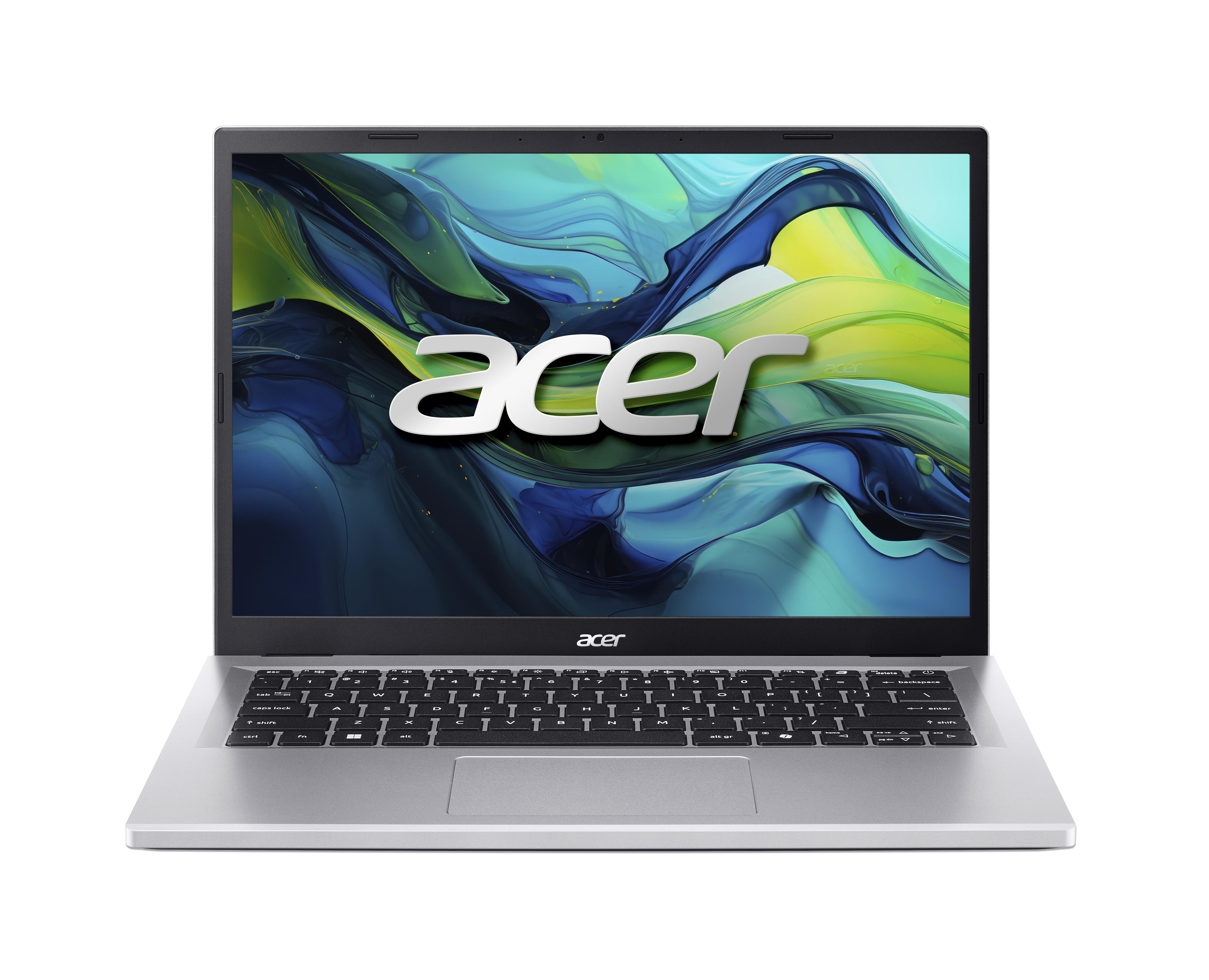 Ein silberner Acer Laptop mit einem bunten Hintergrundbild auf dem Bildschirm.