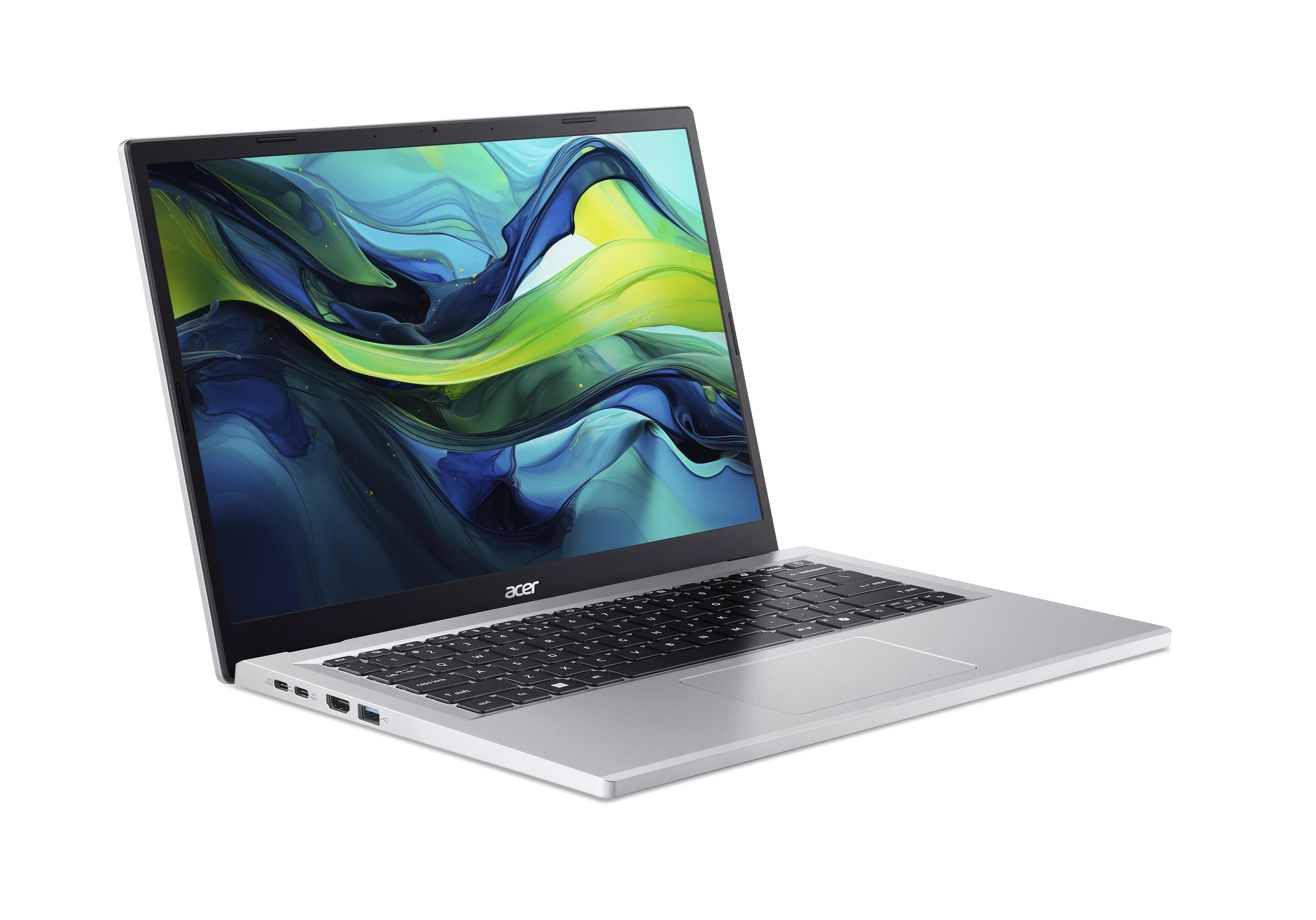 Ein silberner Laptop mit einem abstrakten, bunten Hintergrund auf dem Bildschirm.