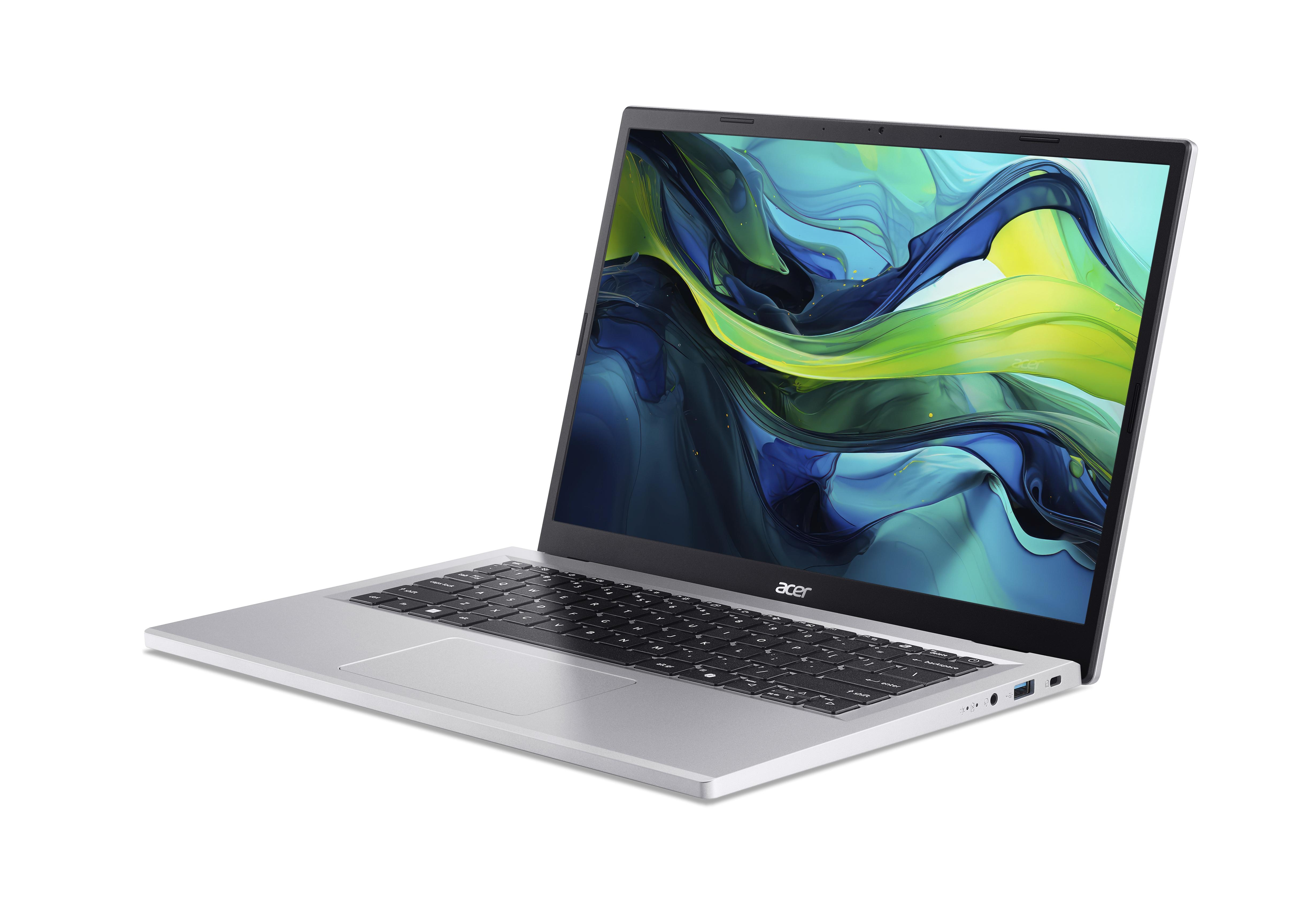 Ein silberner Laptop mit einem abstrakten, bunten Hintergrund auf dem Bildschirm.