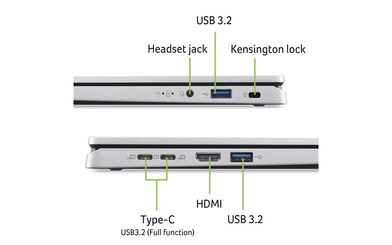 Anschlussseite eines Laptops mit USB 3.2, Headset-Buchse, Kensington-Schloss.