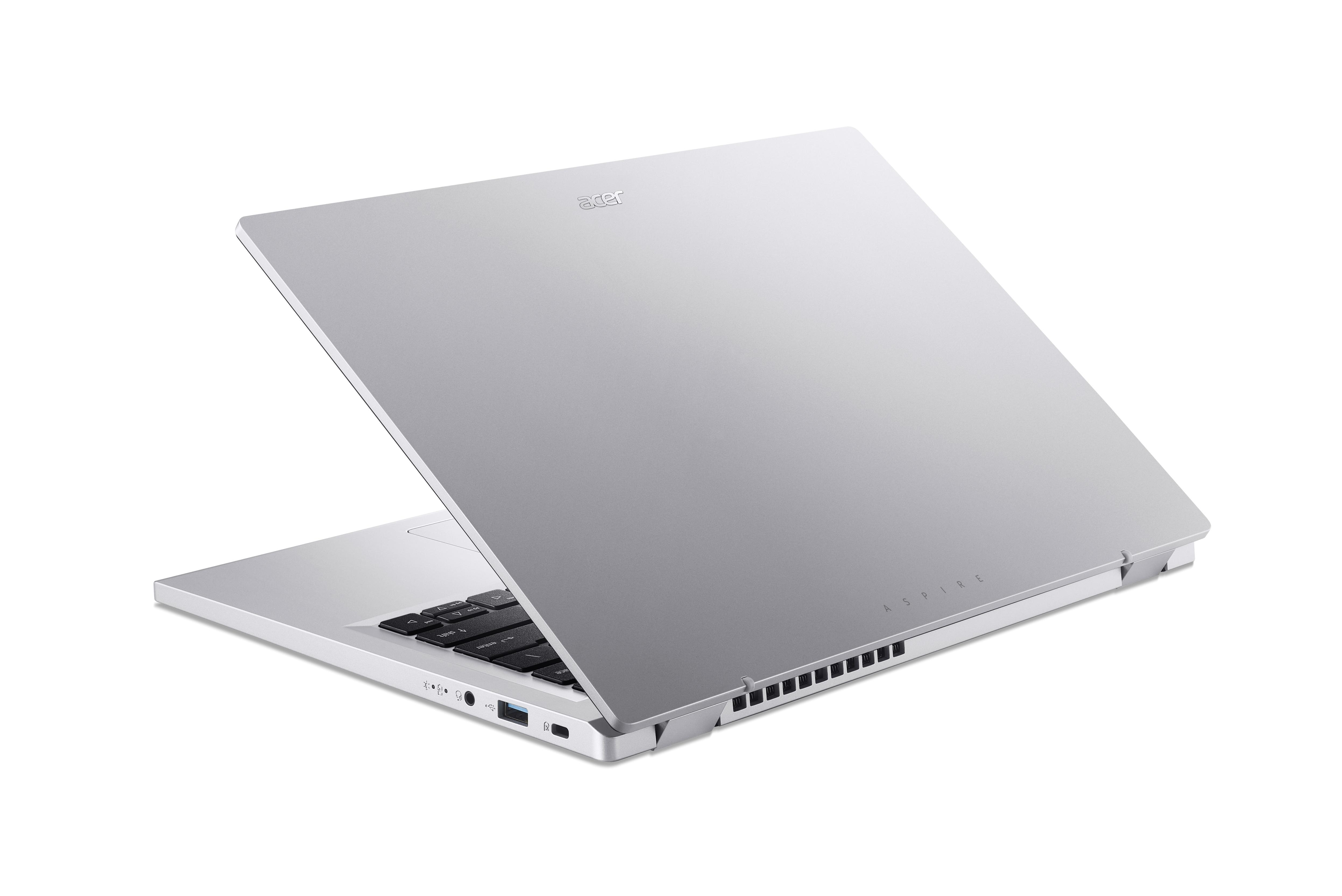 Ein silberner Acer Laptop mit Tastatur und Anschlüssen auf weißem Hintergrund.