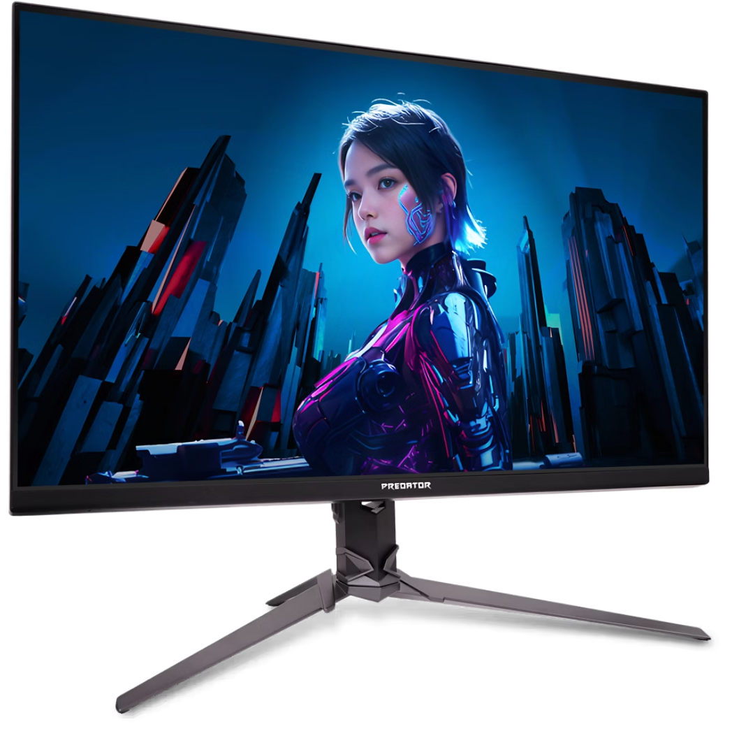 Egy gamer monitor futurisztikus lányt mutat városkép előtt.