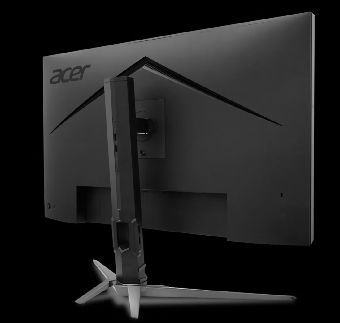 Fekete Acer monitor hátulnézete ezüst csillag alakú állvánnyal.