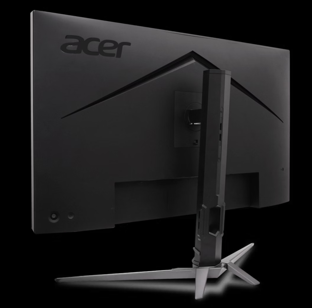 Fekete Acer monitor hátulnézete ezüst állvánnyal.