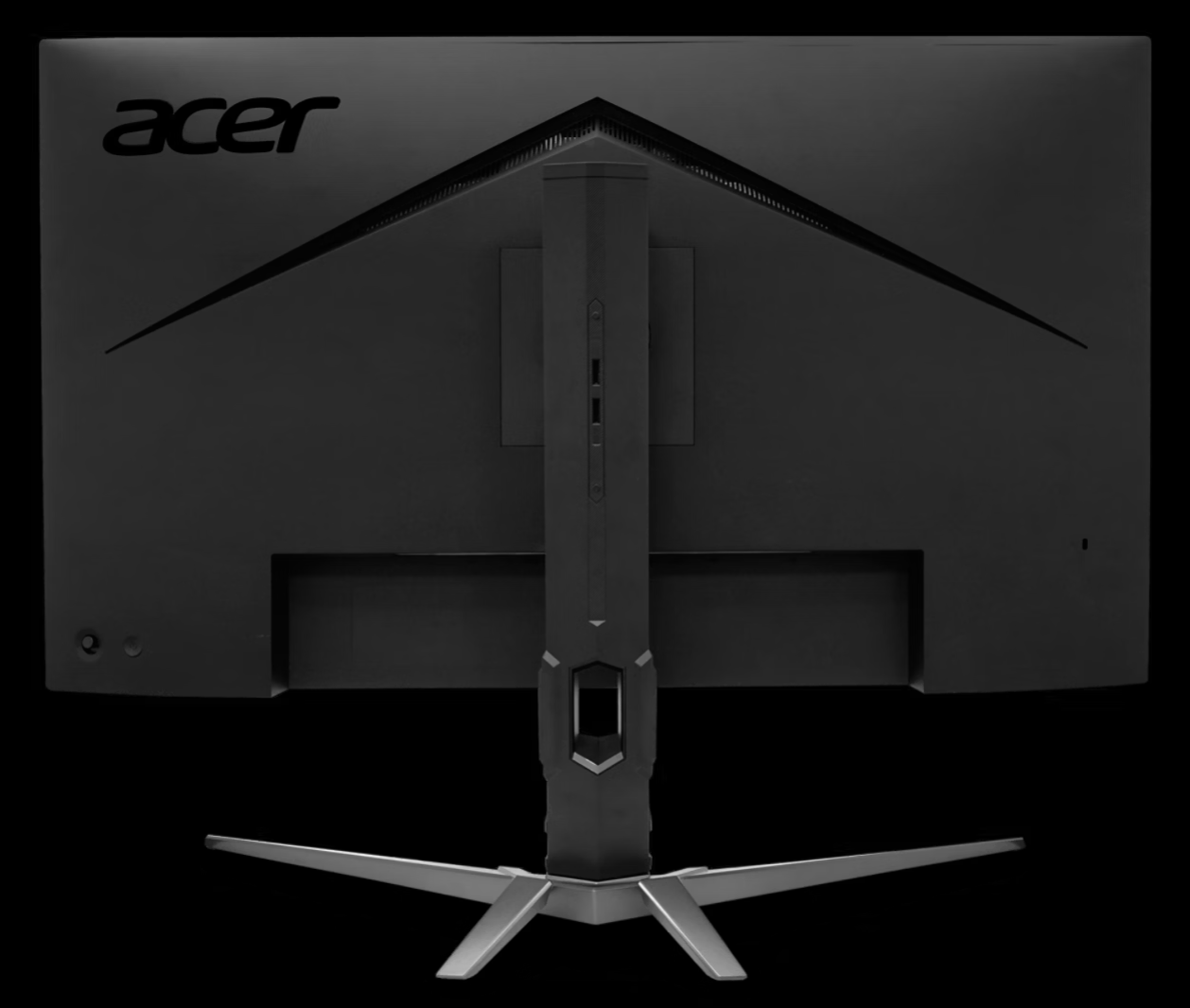 Fekete Acer monitor hátulja ezüst állvánnyal, fekete háttérrel.