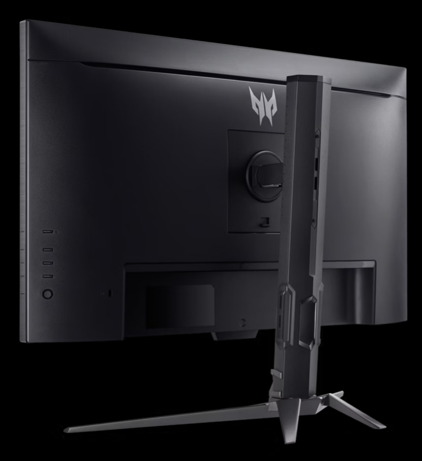 Fekete monitor hátulnézete Predator logóval és elegáns állvánnyal.