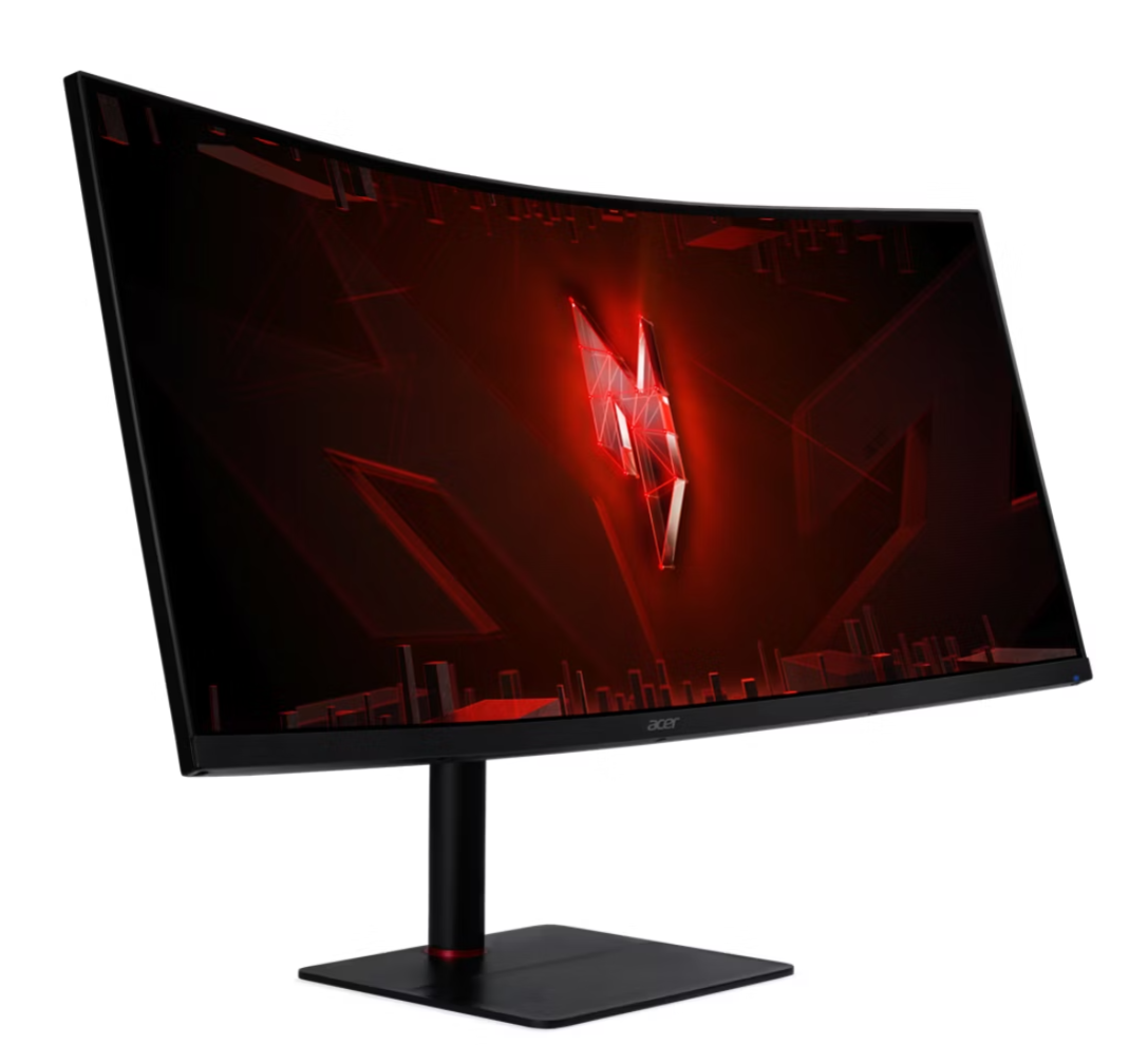 Ívelt gamer monitor, közepén futurisztikus piros logóval.