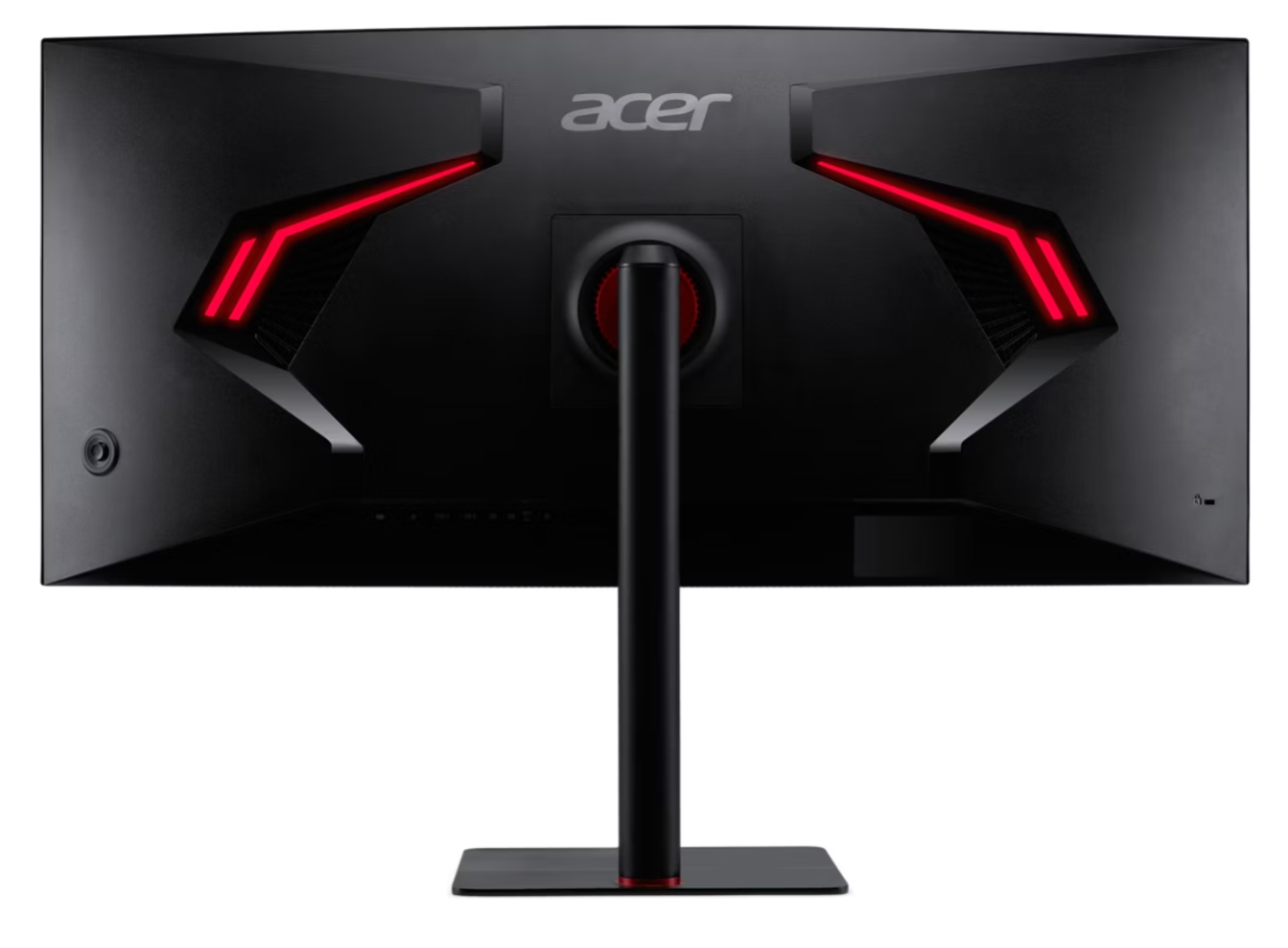 Egy fekete Acer monitor hátulja, piros kiemelőfényekkel és ezüst logóval.