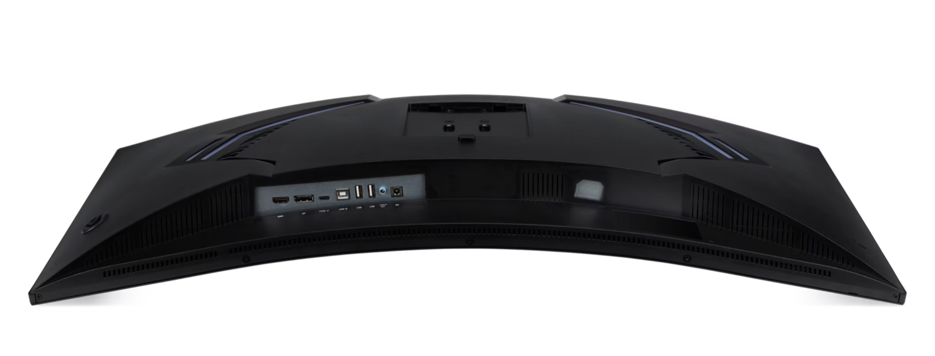 Egy fekete monitor hátoldala, HDMI, USB és Type-C csatlakozókkal.