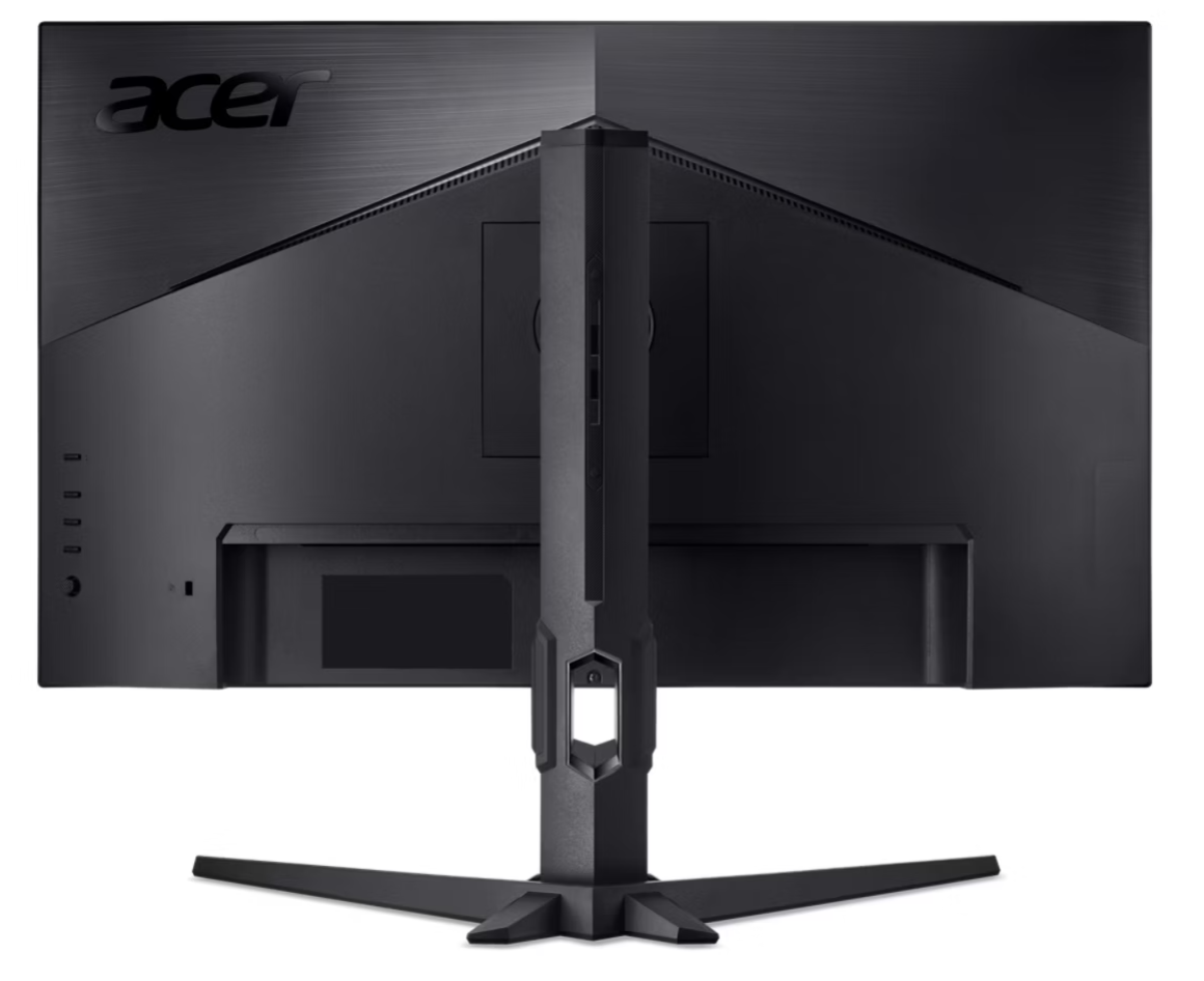 Egy fekete Acer monitor hátulnézete, forgatható állvánnyal és portokkal.