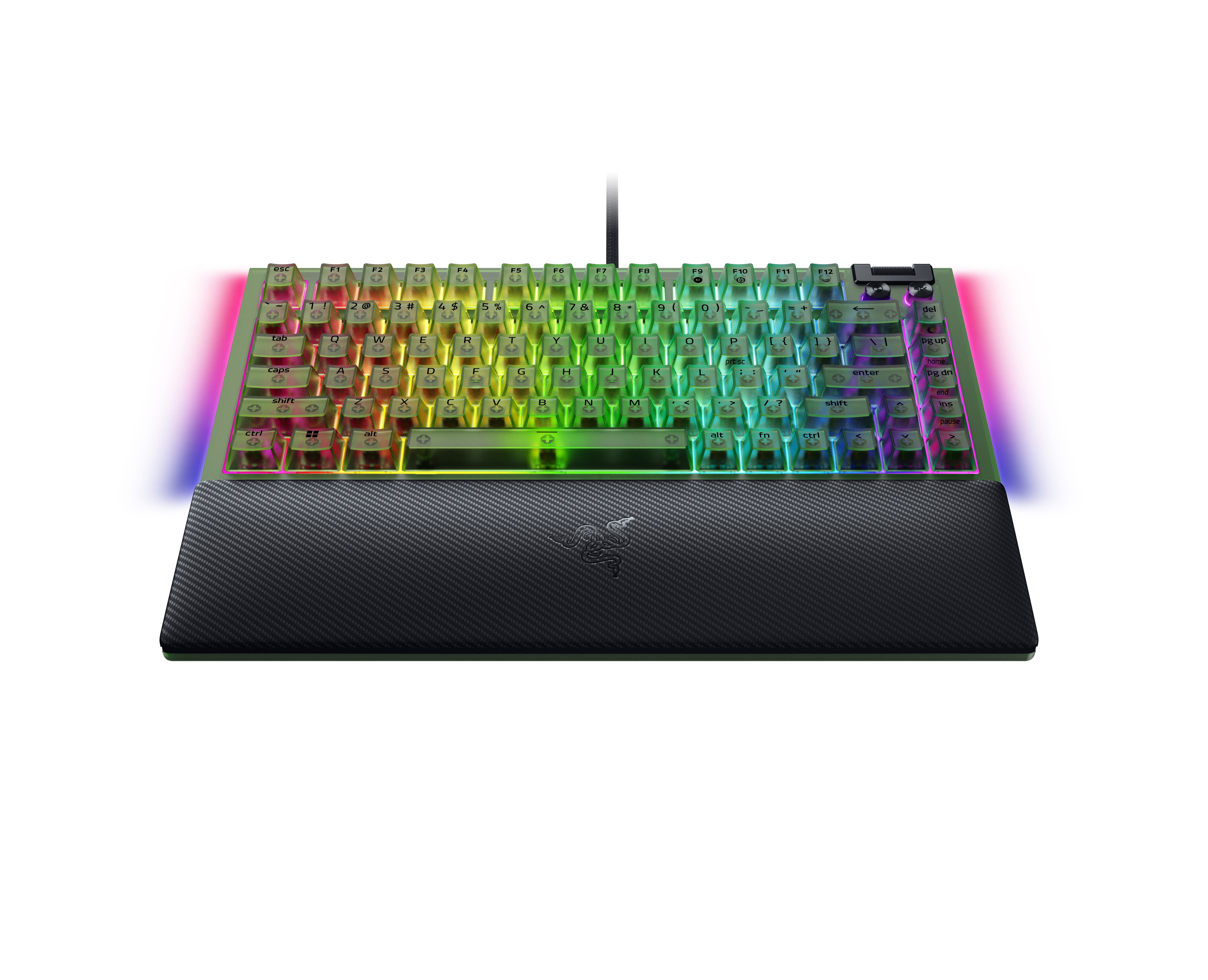 Karbon fiber bilek desteğine sahip RGB aydınlatmalı yeşil klavye.