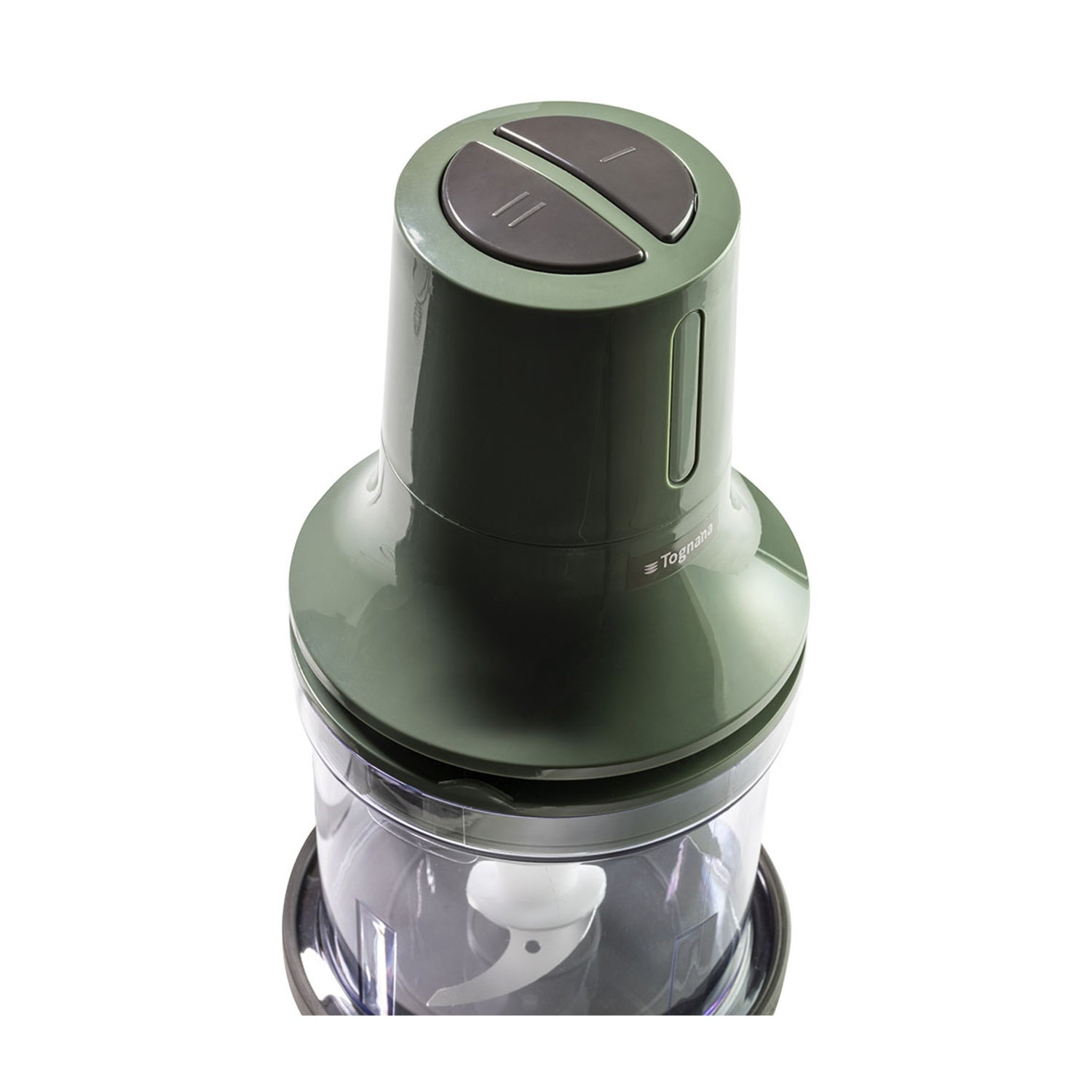 Tritatutto verde con due pulsanti in cima e contenitore trasparente.
