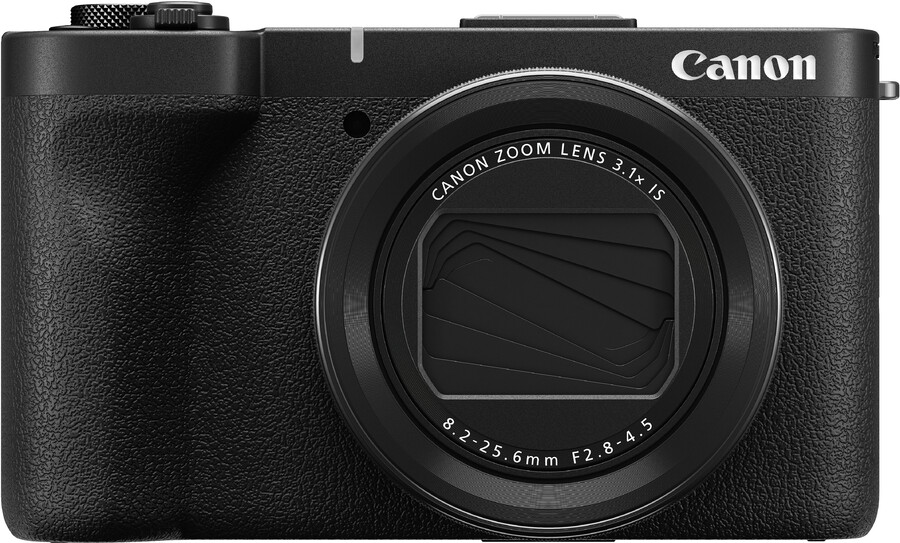 Czarny aparat Canon z obiektywem zmiennoogniskowym, szczegółowy widok z przodu.