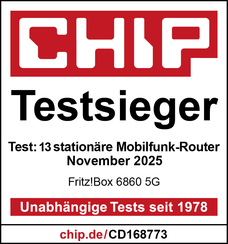 CHIP Testsieger: Fritz!Box 6860 5G, bester Mobilfunk-Router im Test.